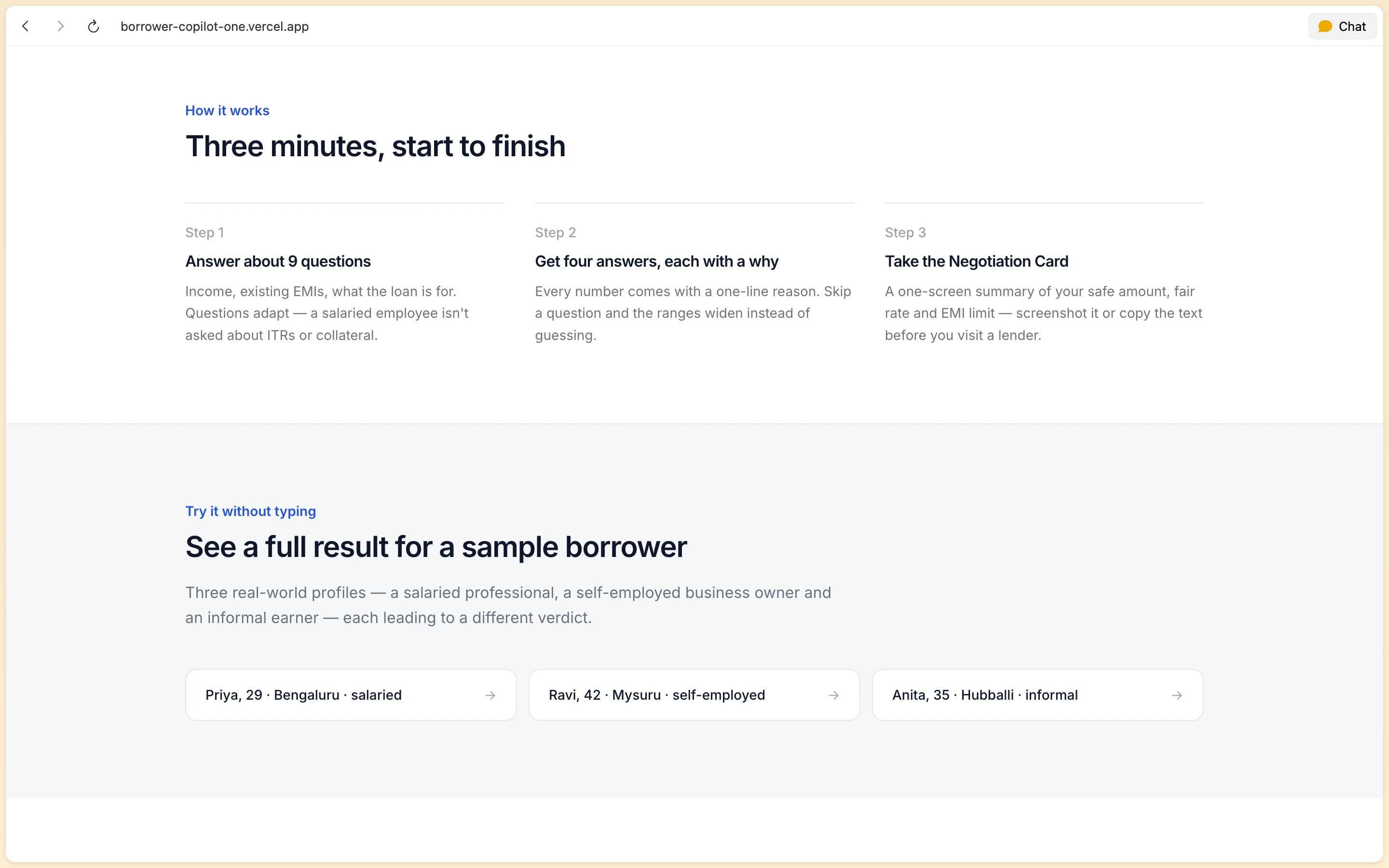 Borrower Copilot three-step assessment guide illustrated with Priya, Ravi, and Anita user profiles