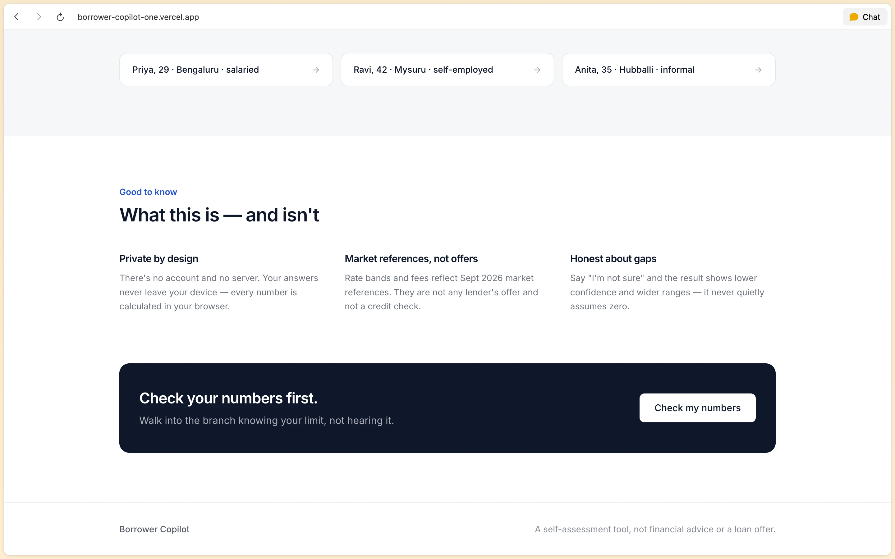 Borrower Copilot privacy policy section highlighting browser-only calculations and no lender kickbacks