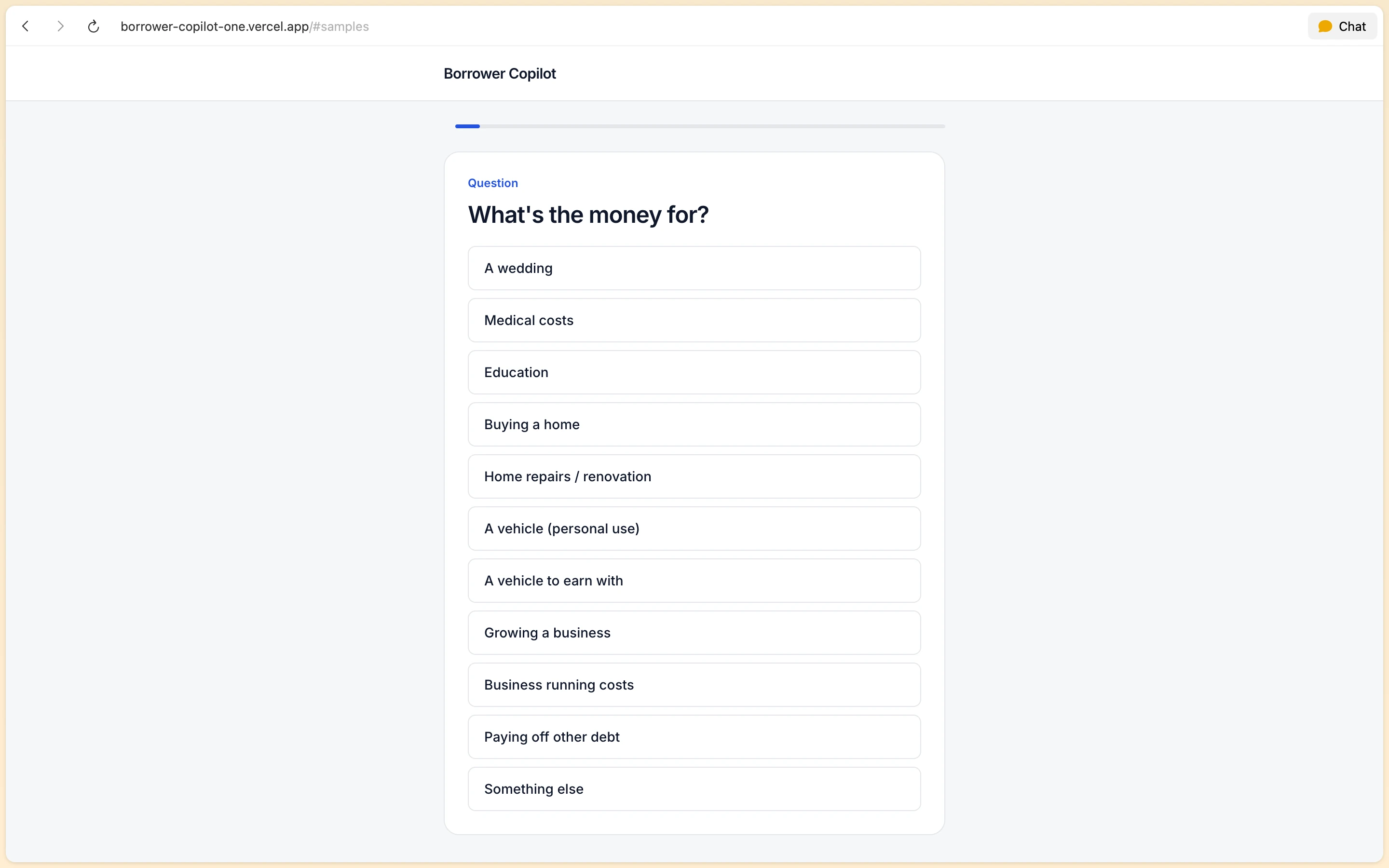 Borrower Copilot step 1 questionnaire asking What's the money for with loan purpose category pills