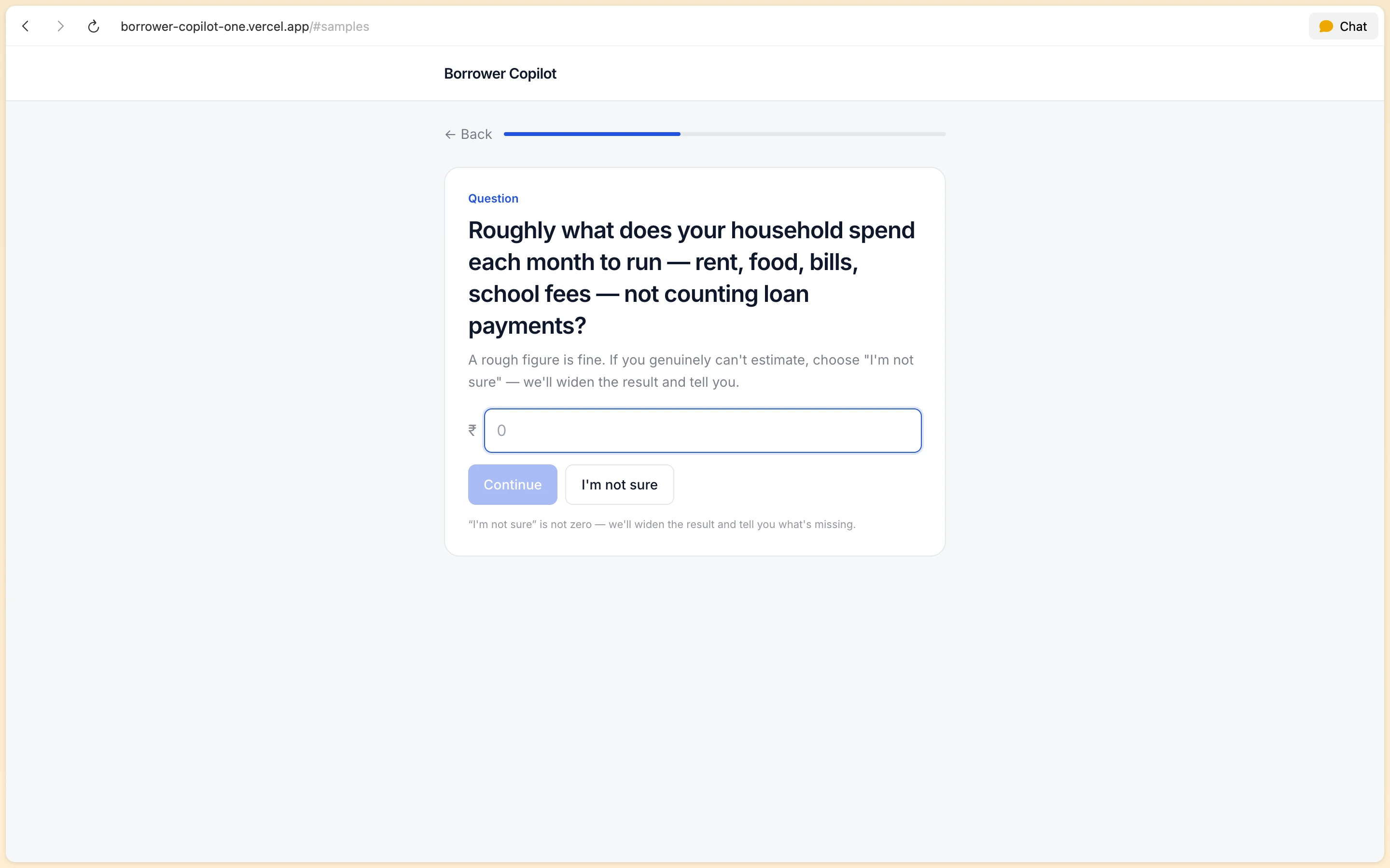 Borrower Copilot questionnaire step asking for monthly household expenses and living costs