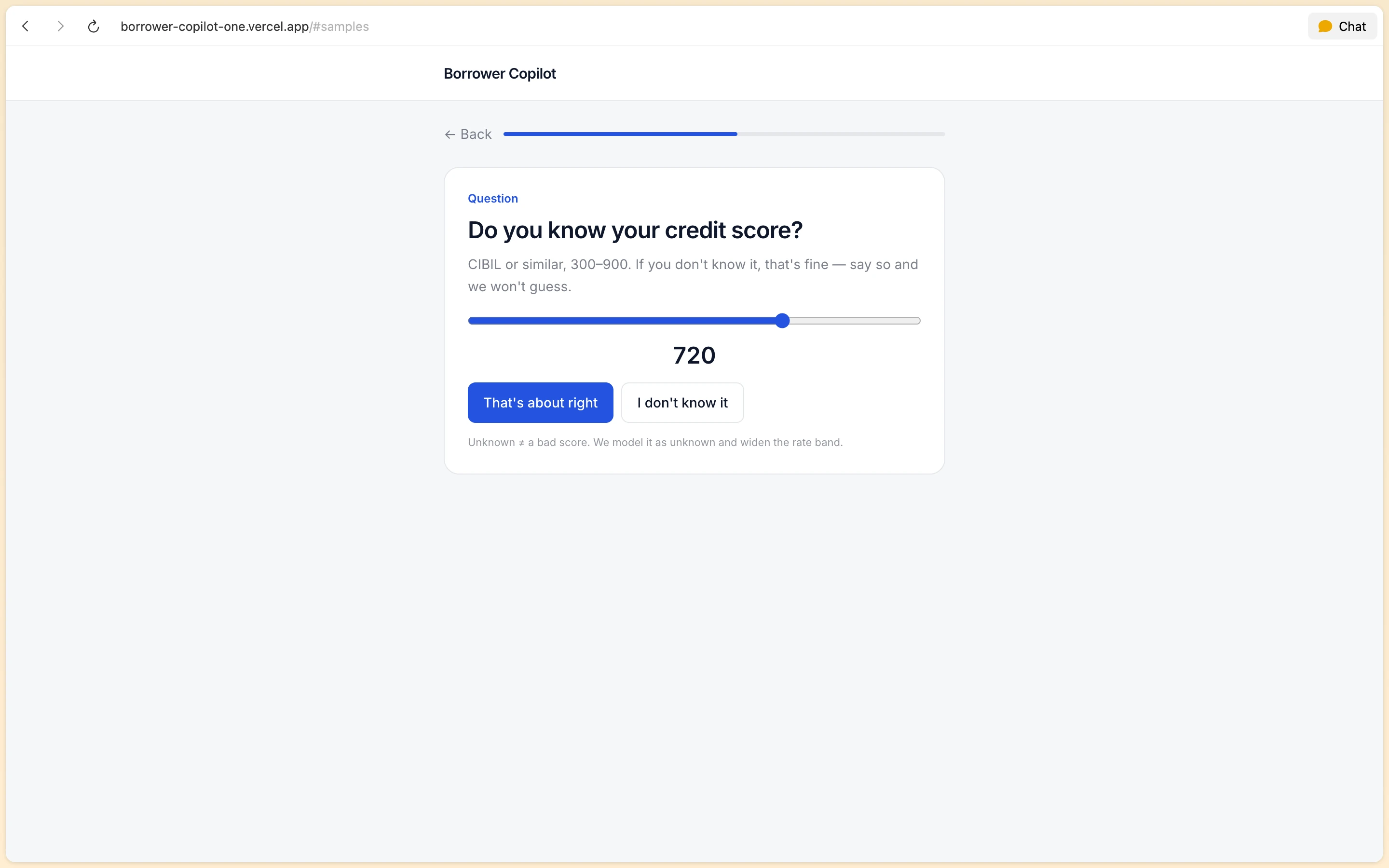 Borrower Copilot credit score question with 300 to 900 interactive rating slider