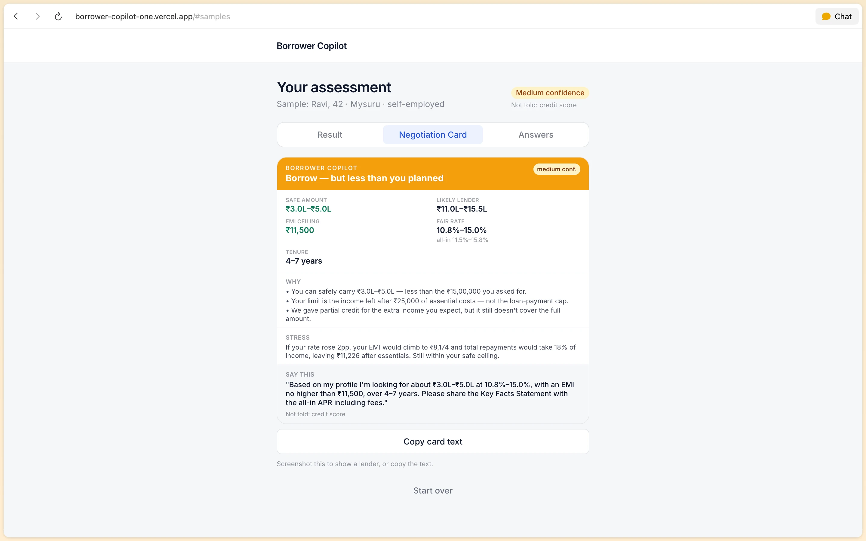 Borrower Copilot Negotiation Card detailing safe borrowing terms and talking script for bank lenders