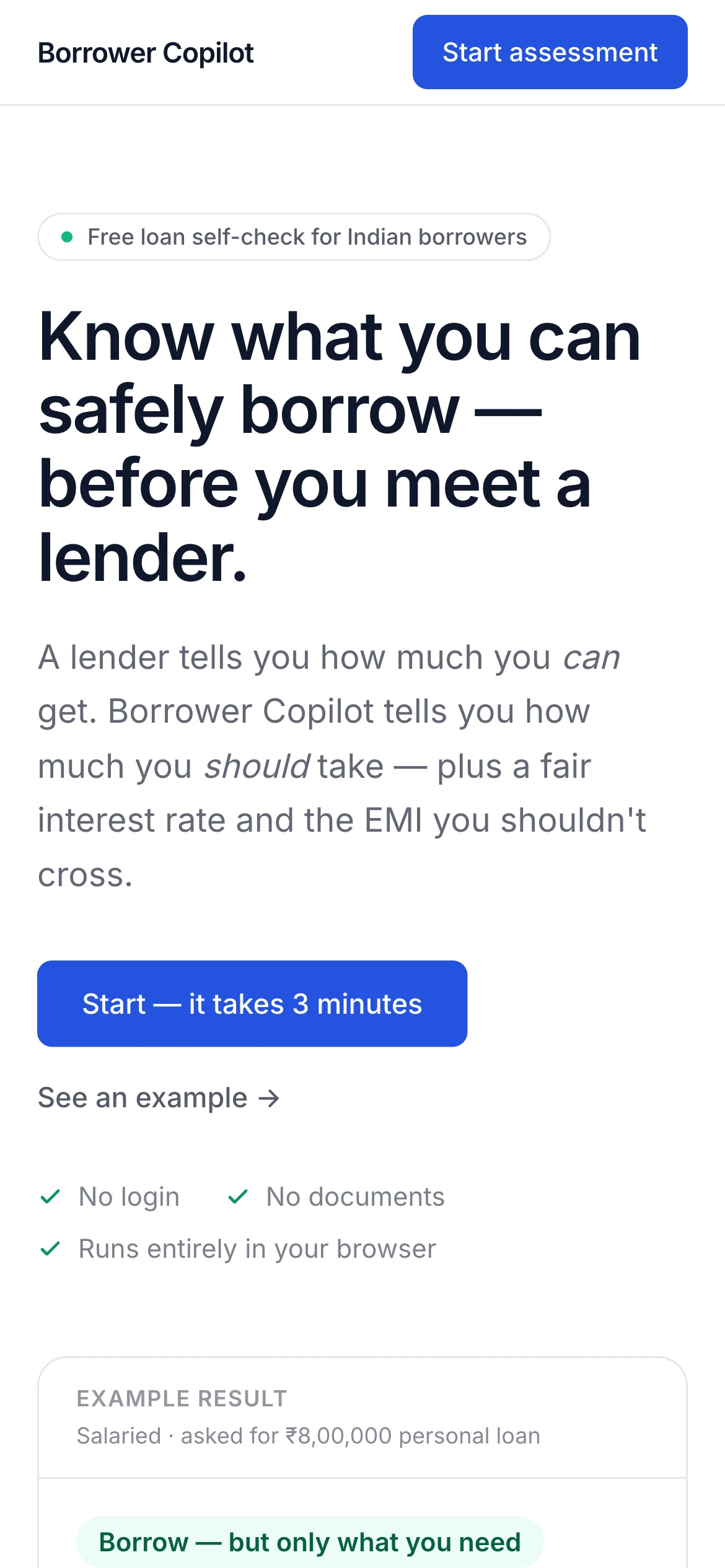 Borrower Copilot mobile home screen with 3-minute loan self-check assessment button