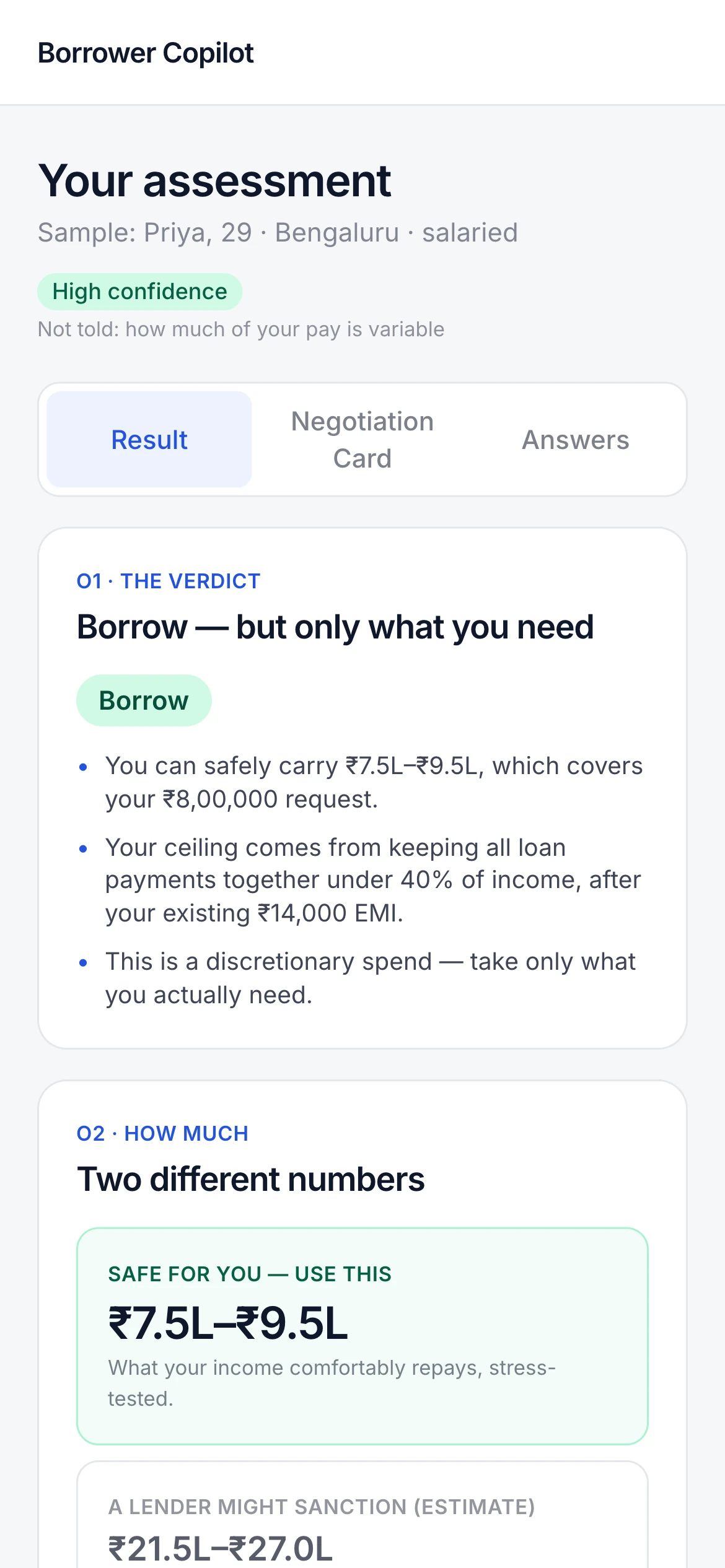 Borrower Copilot mobile result for Priya indicating high confidence safe borrowing recommendation