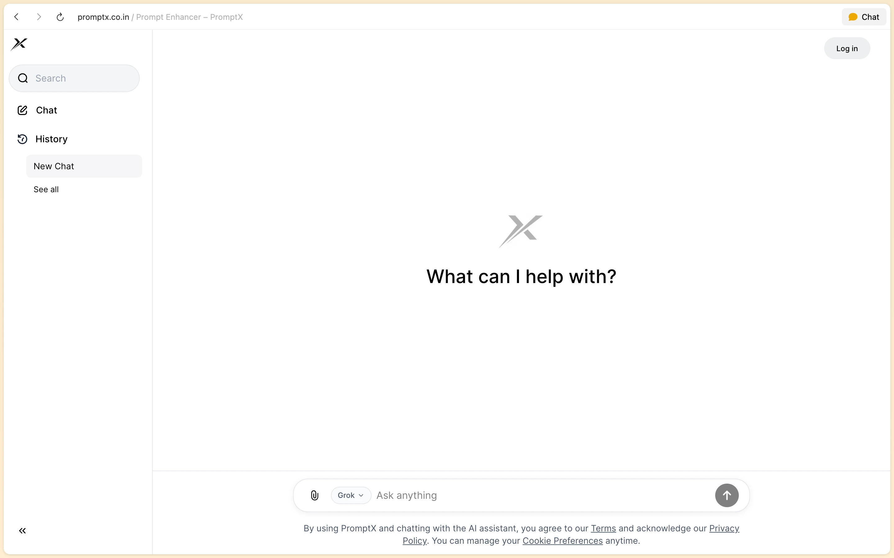 PromptX chat interface with conversation history sidebar and AI model selector in input field