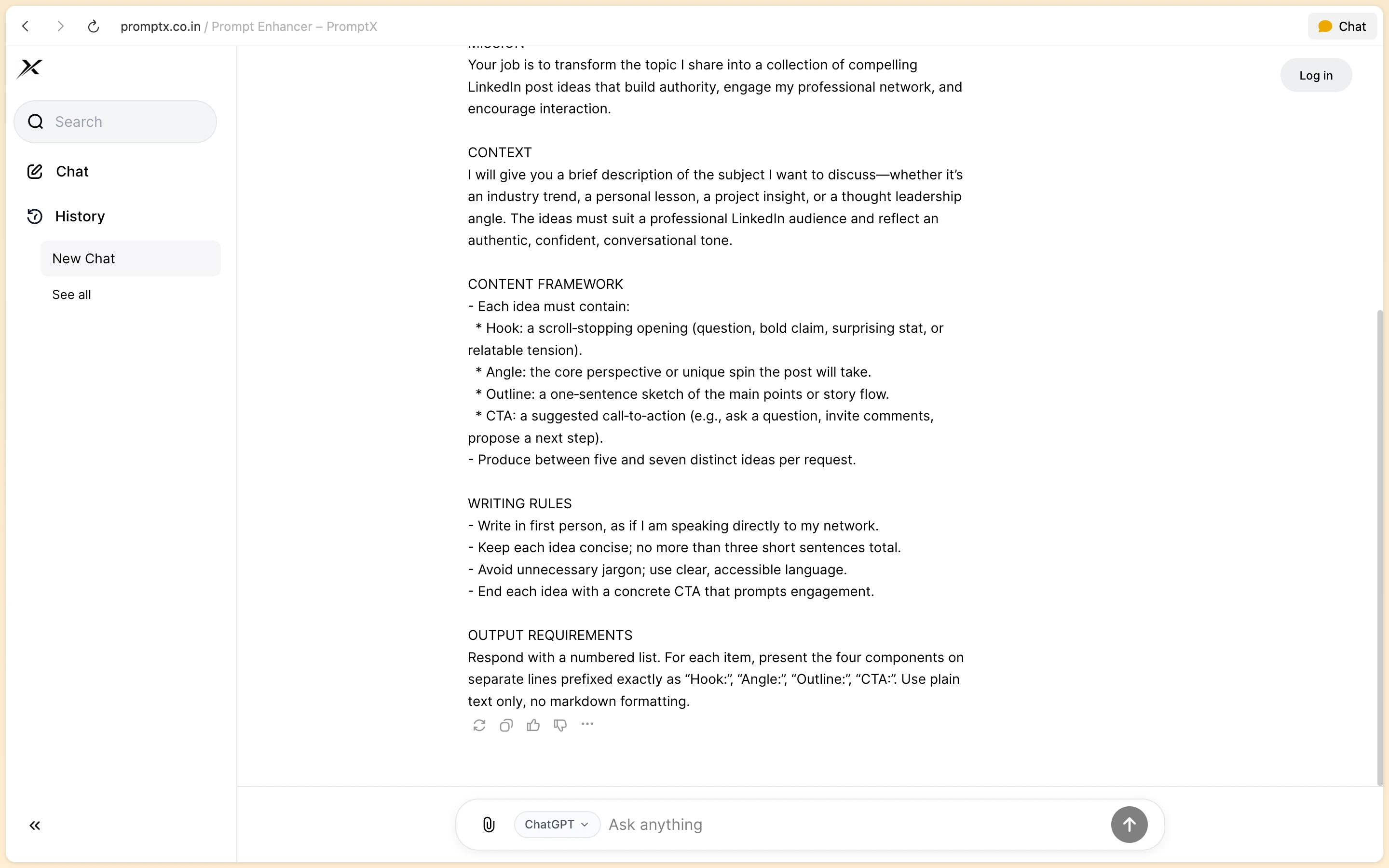 PromptX detailed prompt output specifying content framework, rules, copy button, and quality ratings