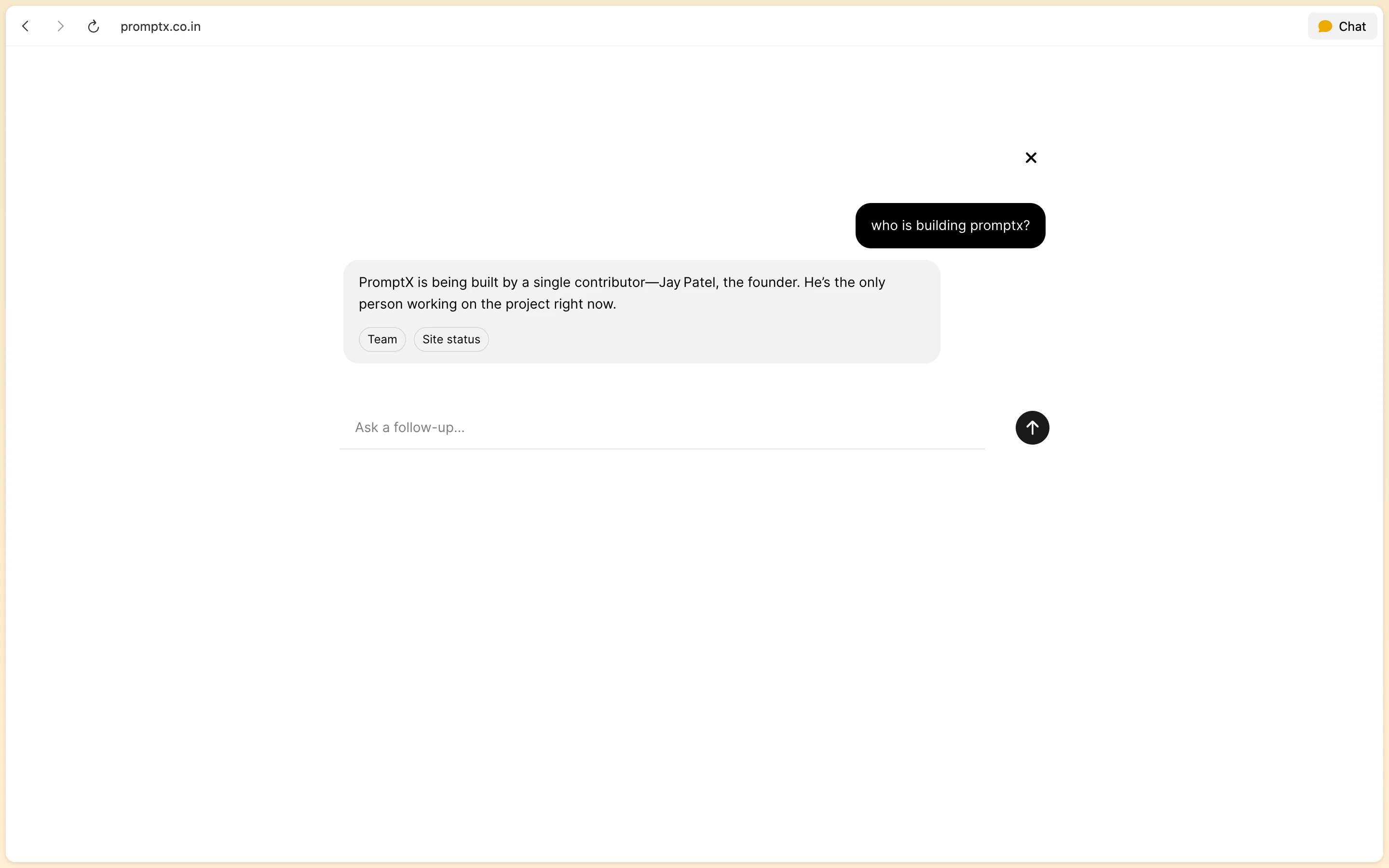PromptX embedded site assistant answering founder questions with suggested follow-up prompts