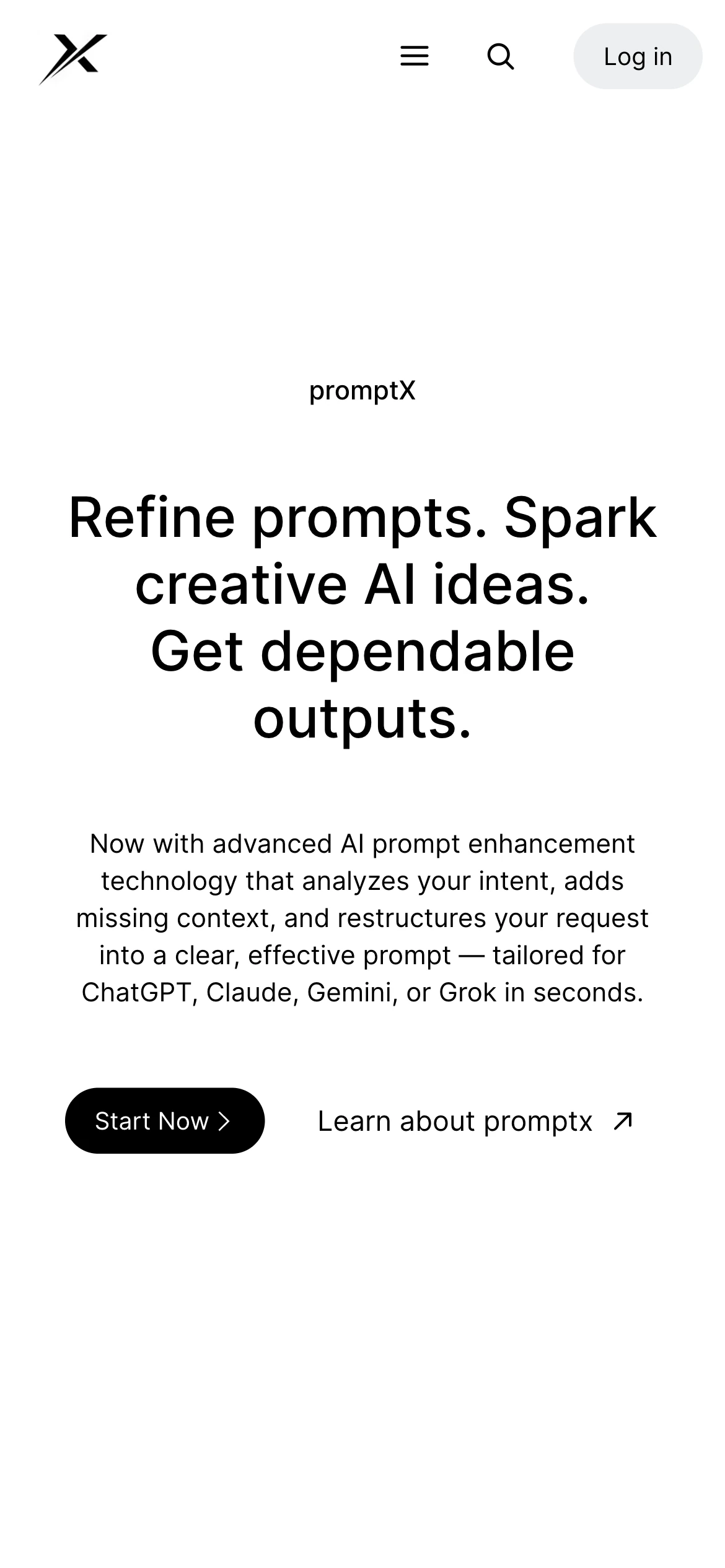 PromptX mobile landing page with value proposition and Start Now call to action