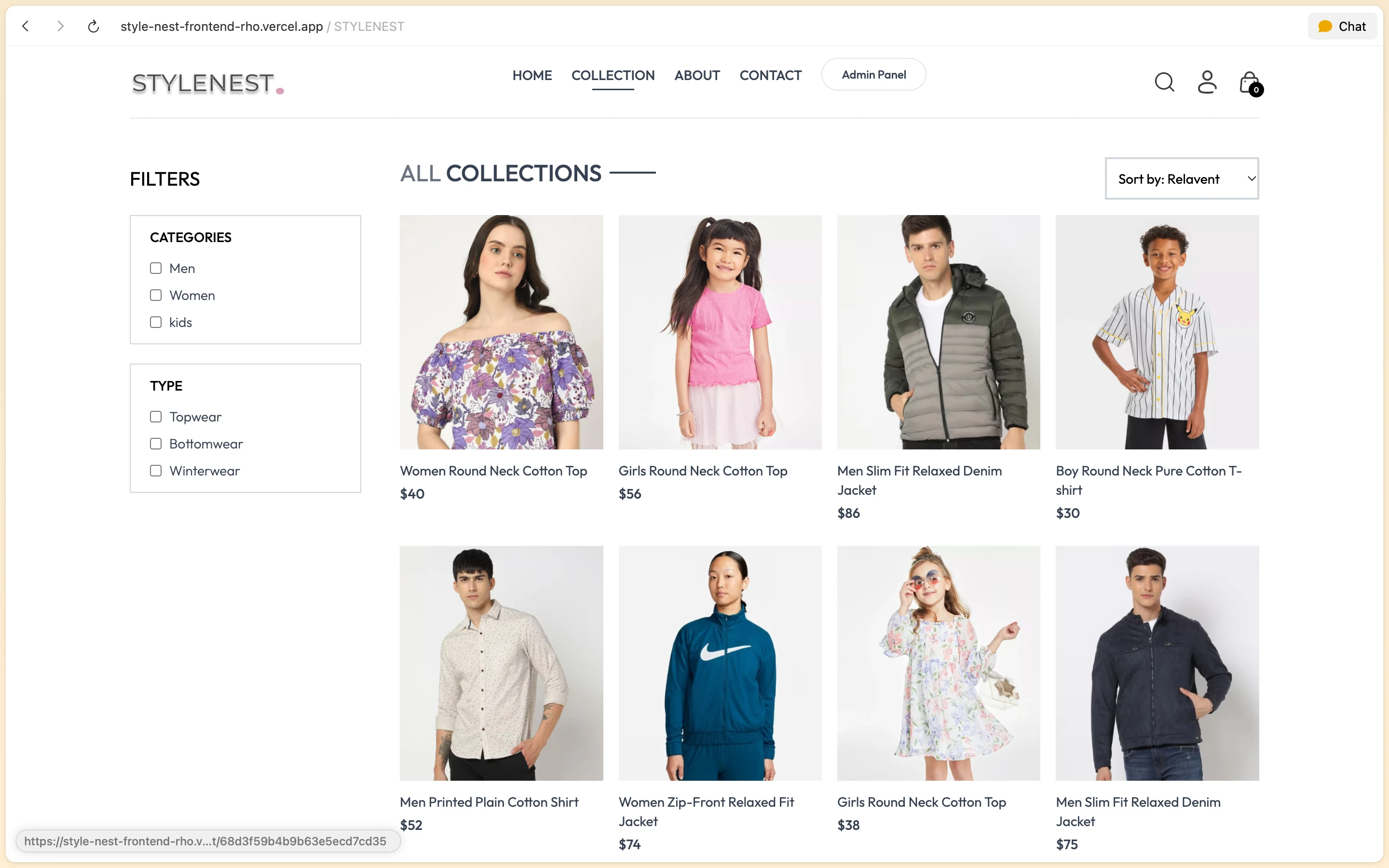 StyleNest All Collections catalog with sidebar category filters, sorting menu, and apparel cards