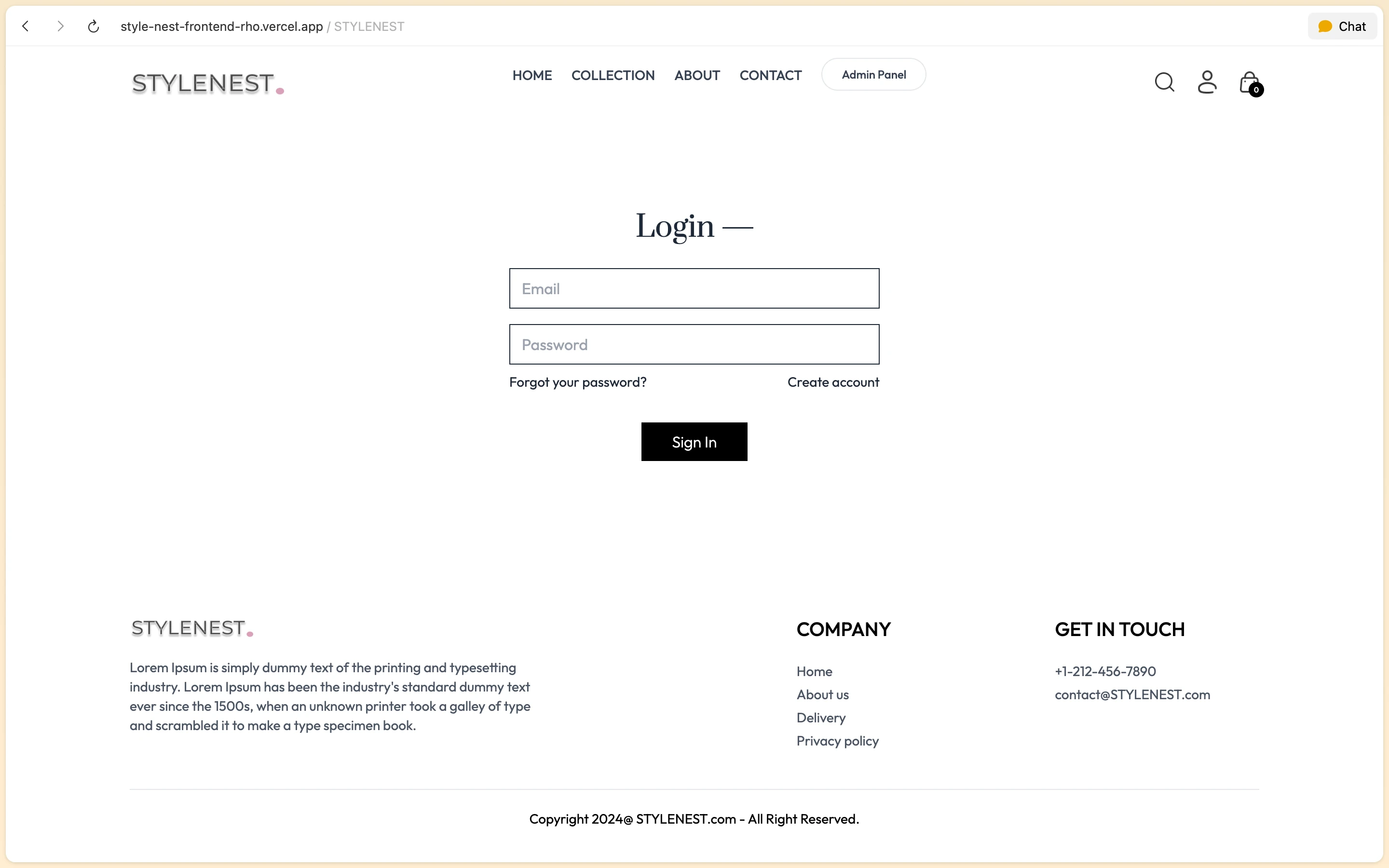 StyleNest customer authentication portal with email login, password recovery, and sign-up form