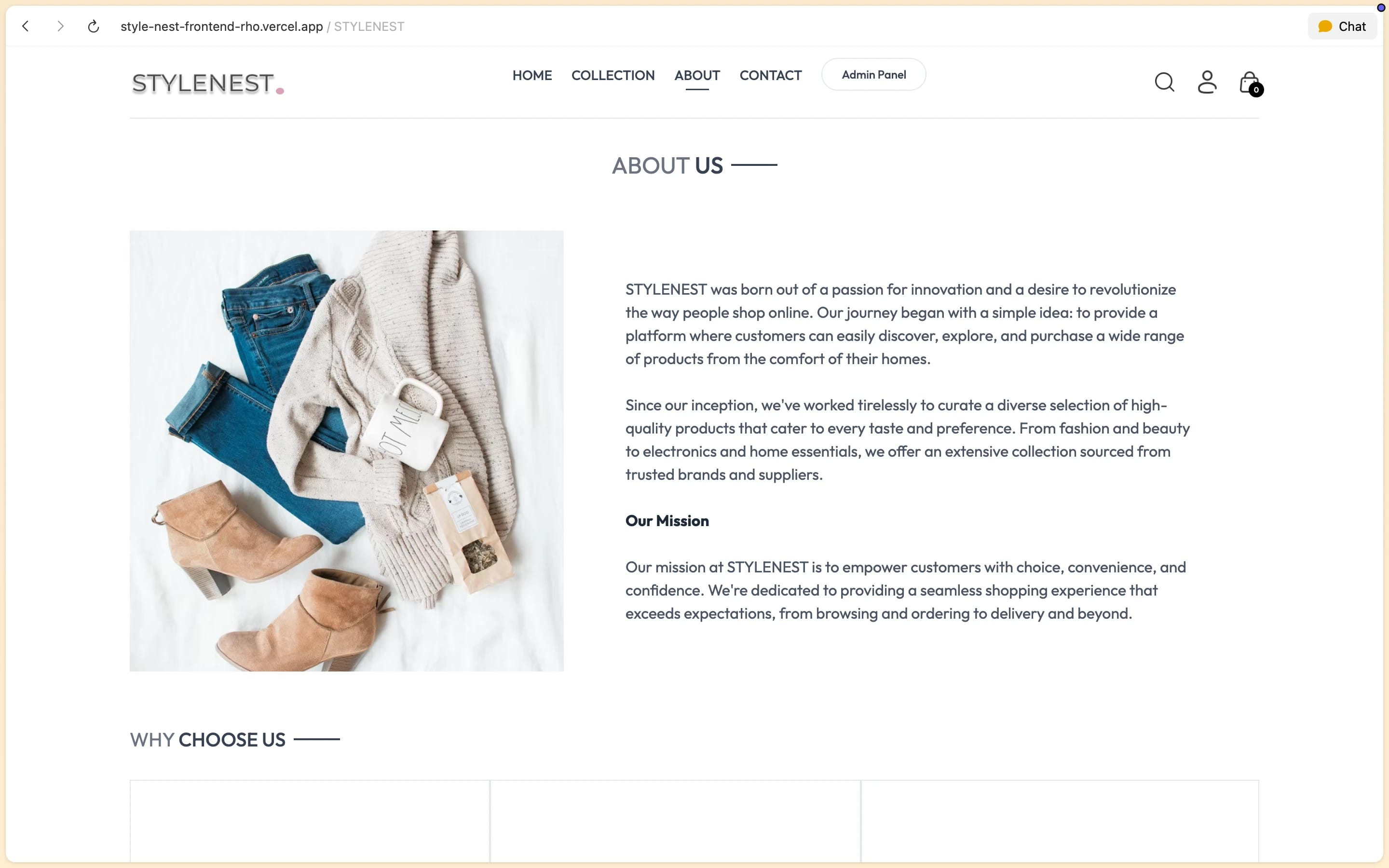StyleNest About Us page detailing company mission, brand vision, and product photography