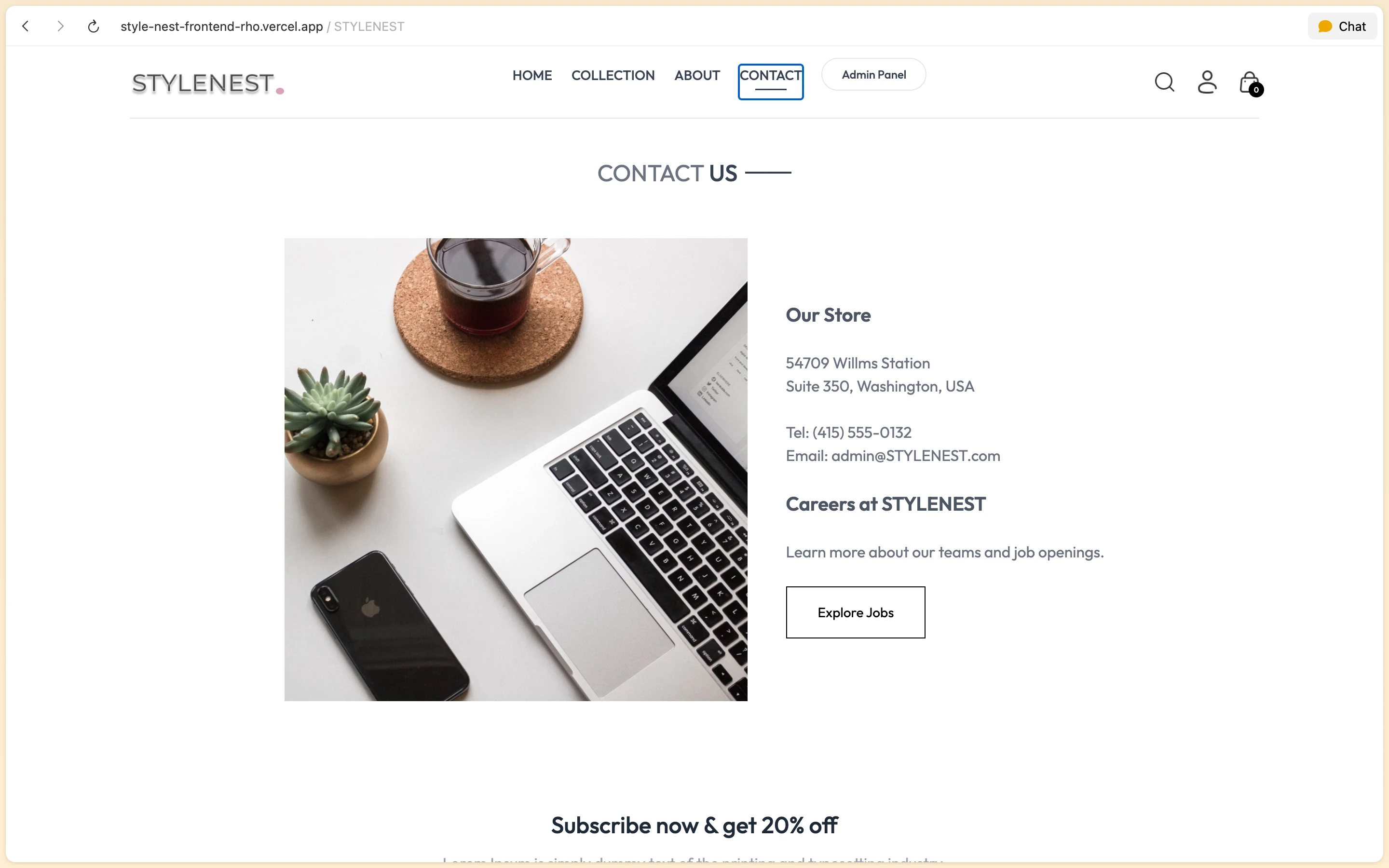 StyleNest Contact page displaying customer support email, store address, and careers link