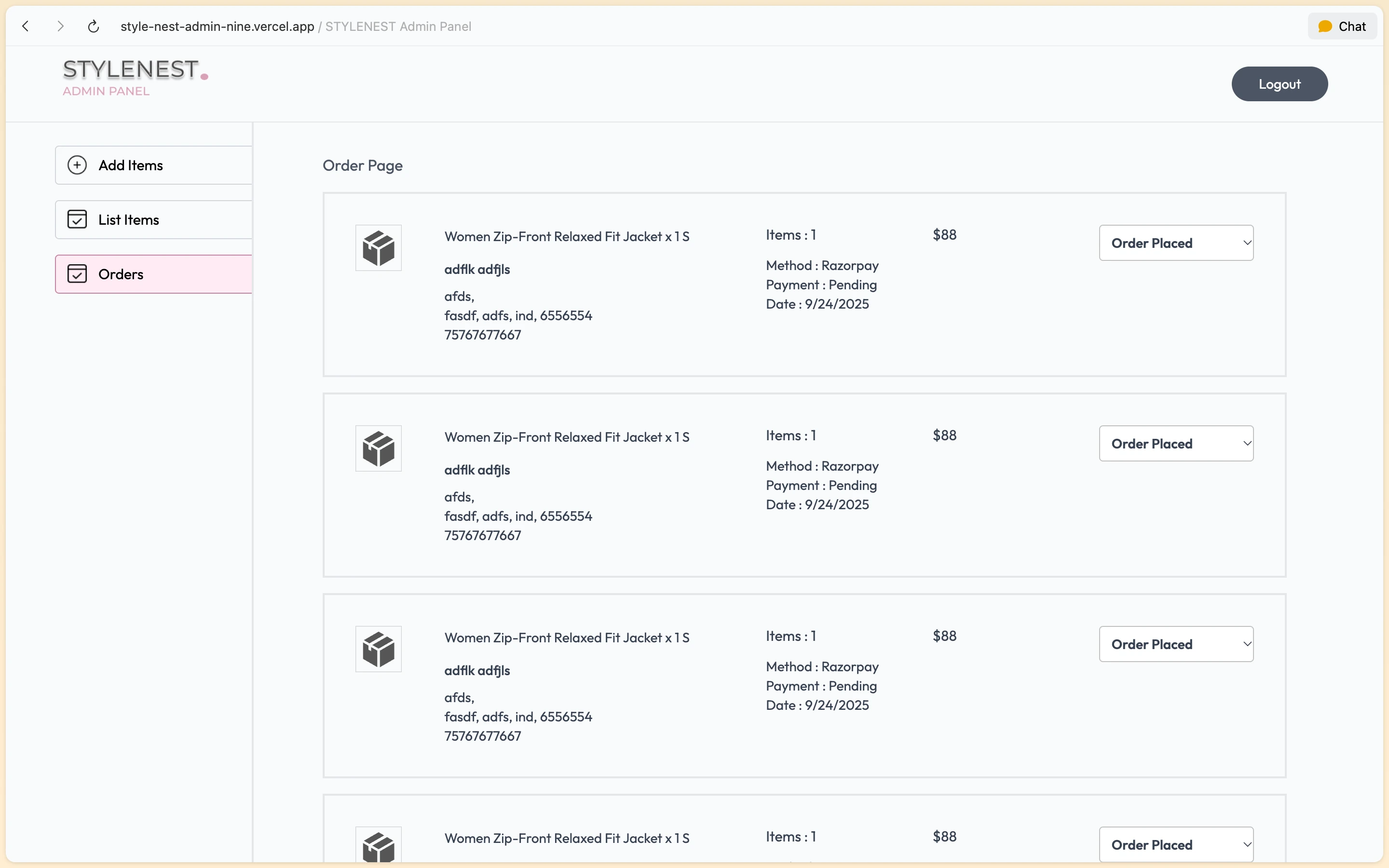 StyleNest admin order dashboard listing customer orders, payment status, and fulfillment options