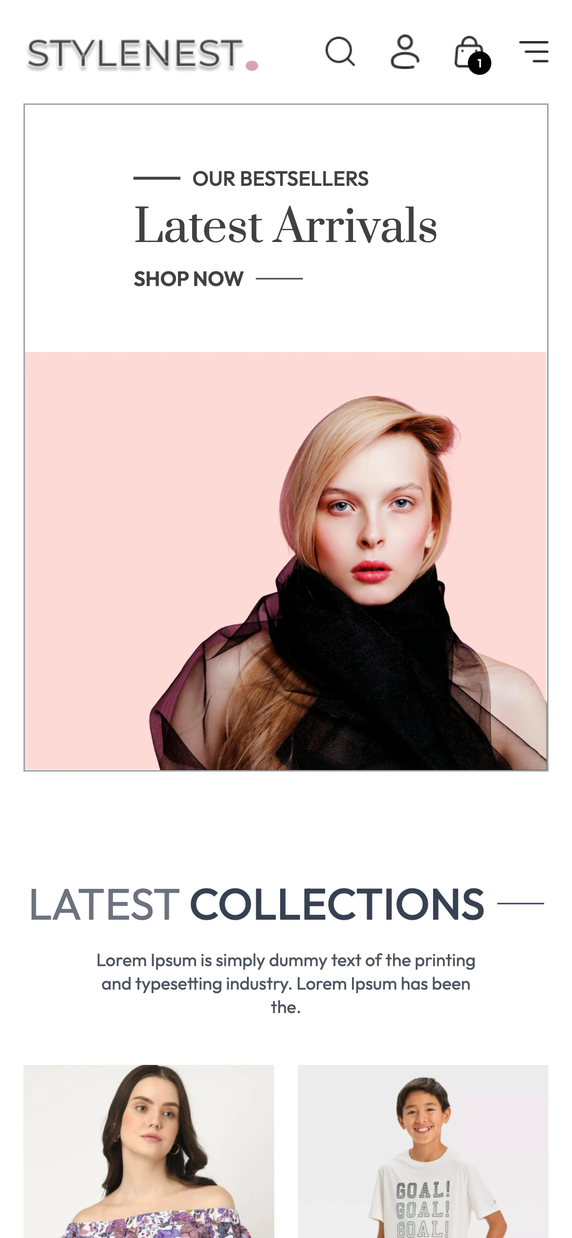 StyleNest mobile home page featuring Latest Arrivals banner and navigation menu