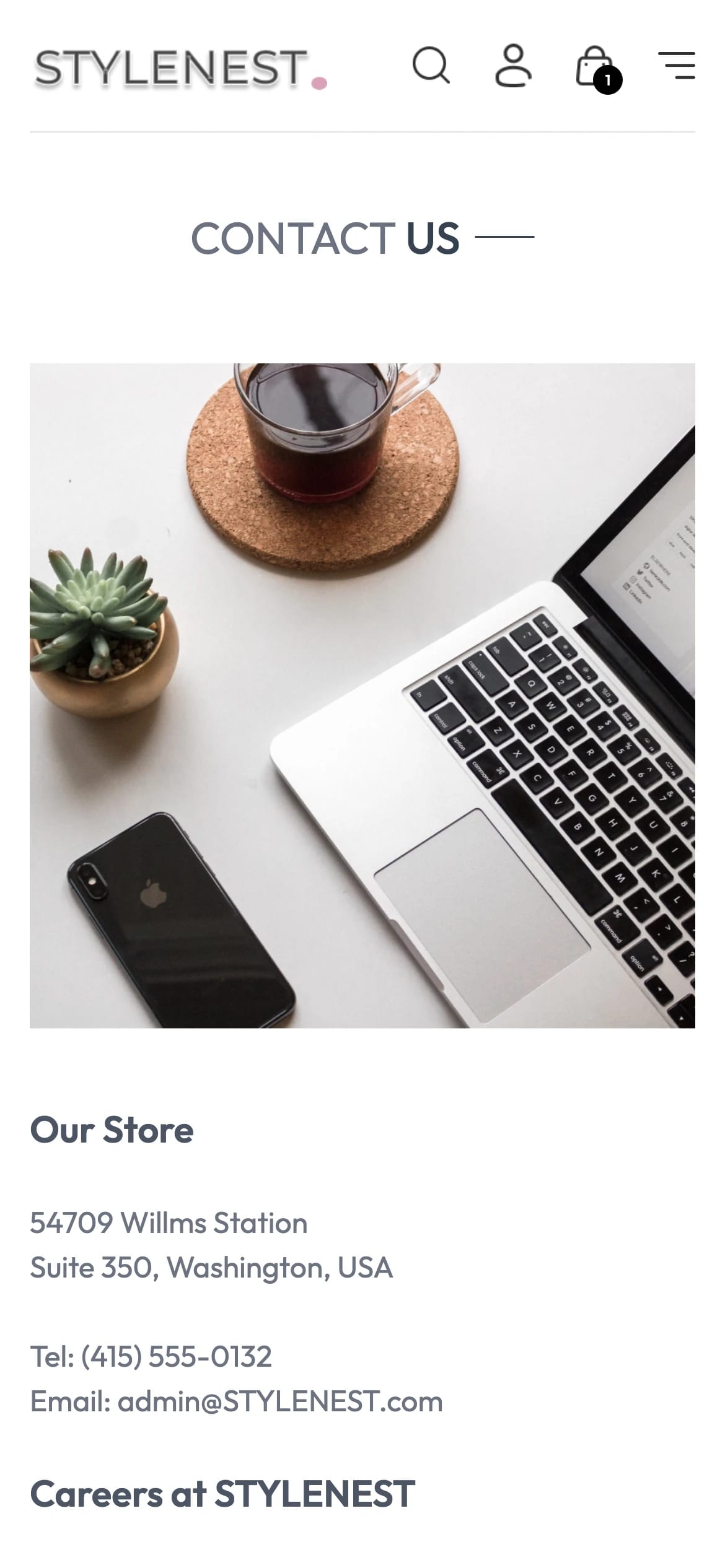 StyleNest mobile contact screen with store location details and email inquiries