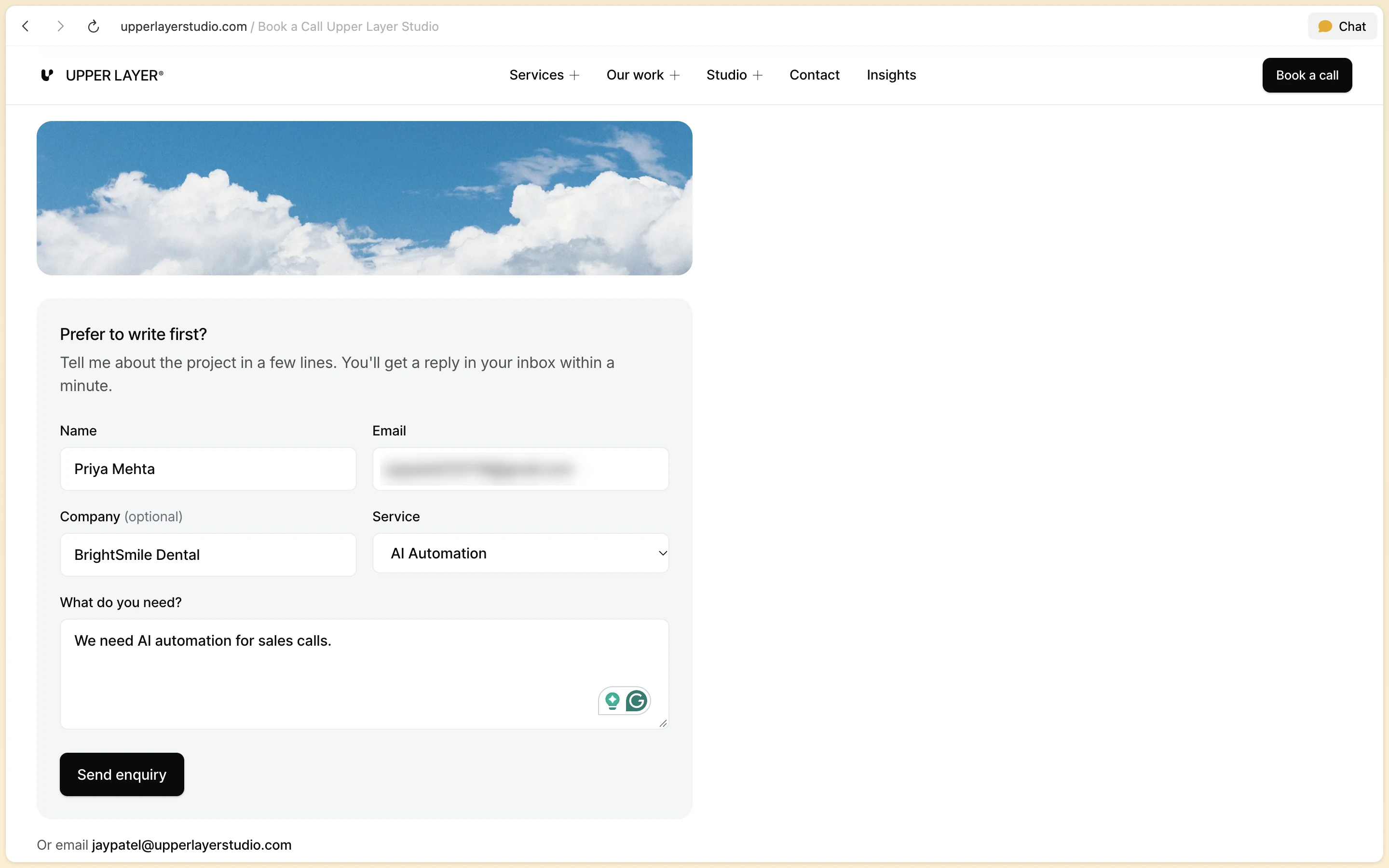 Studio contact form submitted with inquiry from BrightSmile Dental requesting sales AI automation
