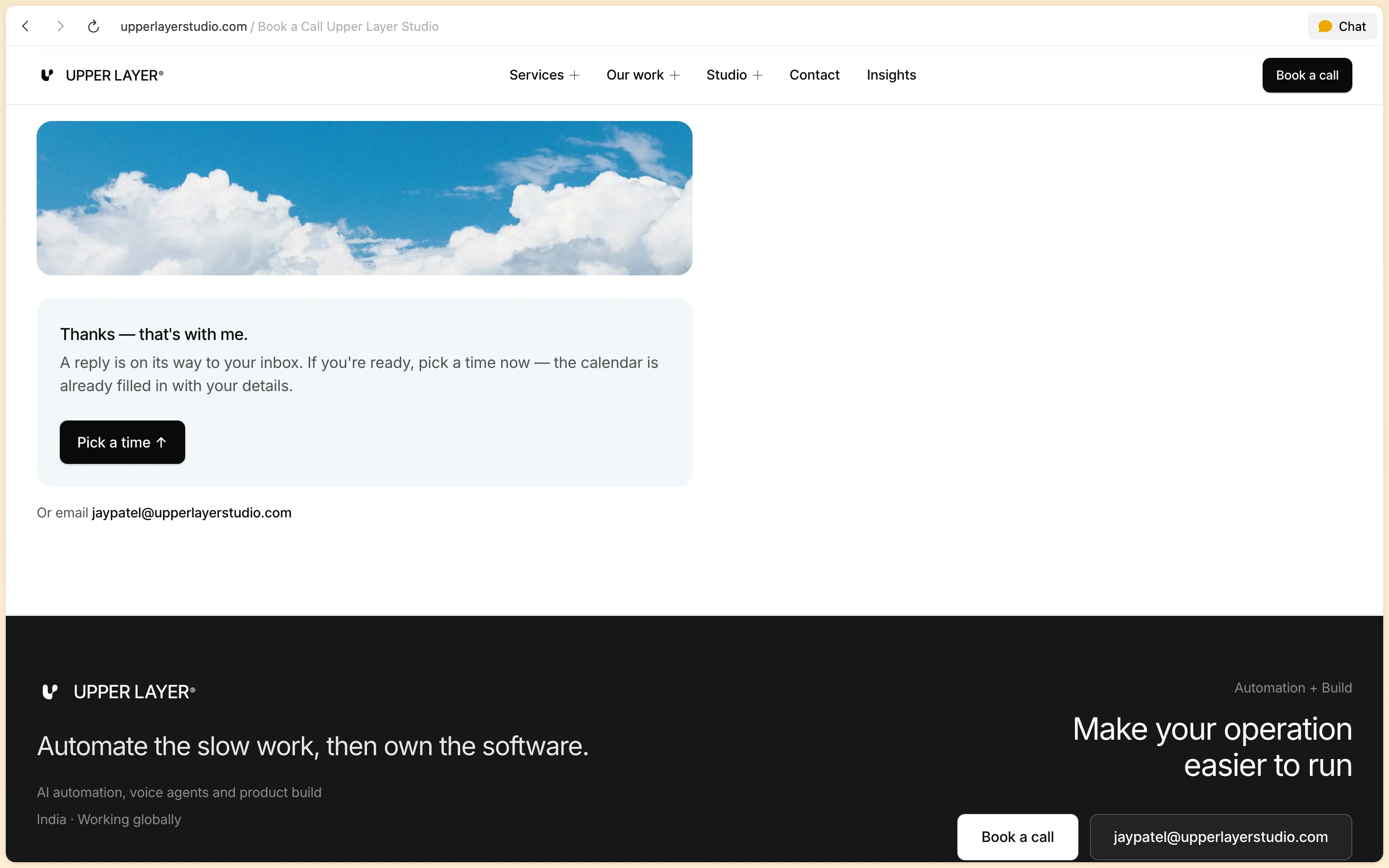 Studio inquiry confirmation screen displaying instant thank-you message and Cal.com meeting scheduler