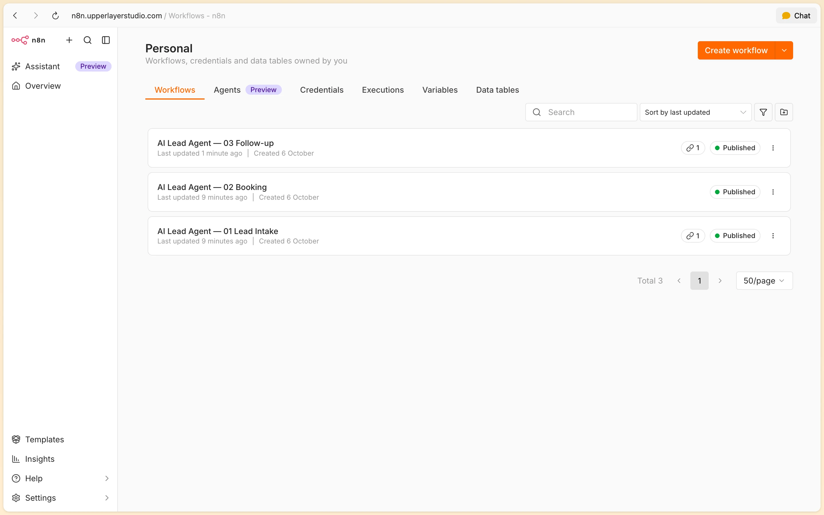 n8n automation dashboard showing active Lead Intake, Booking, and Follow-up workflow pipelines
