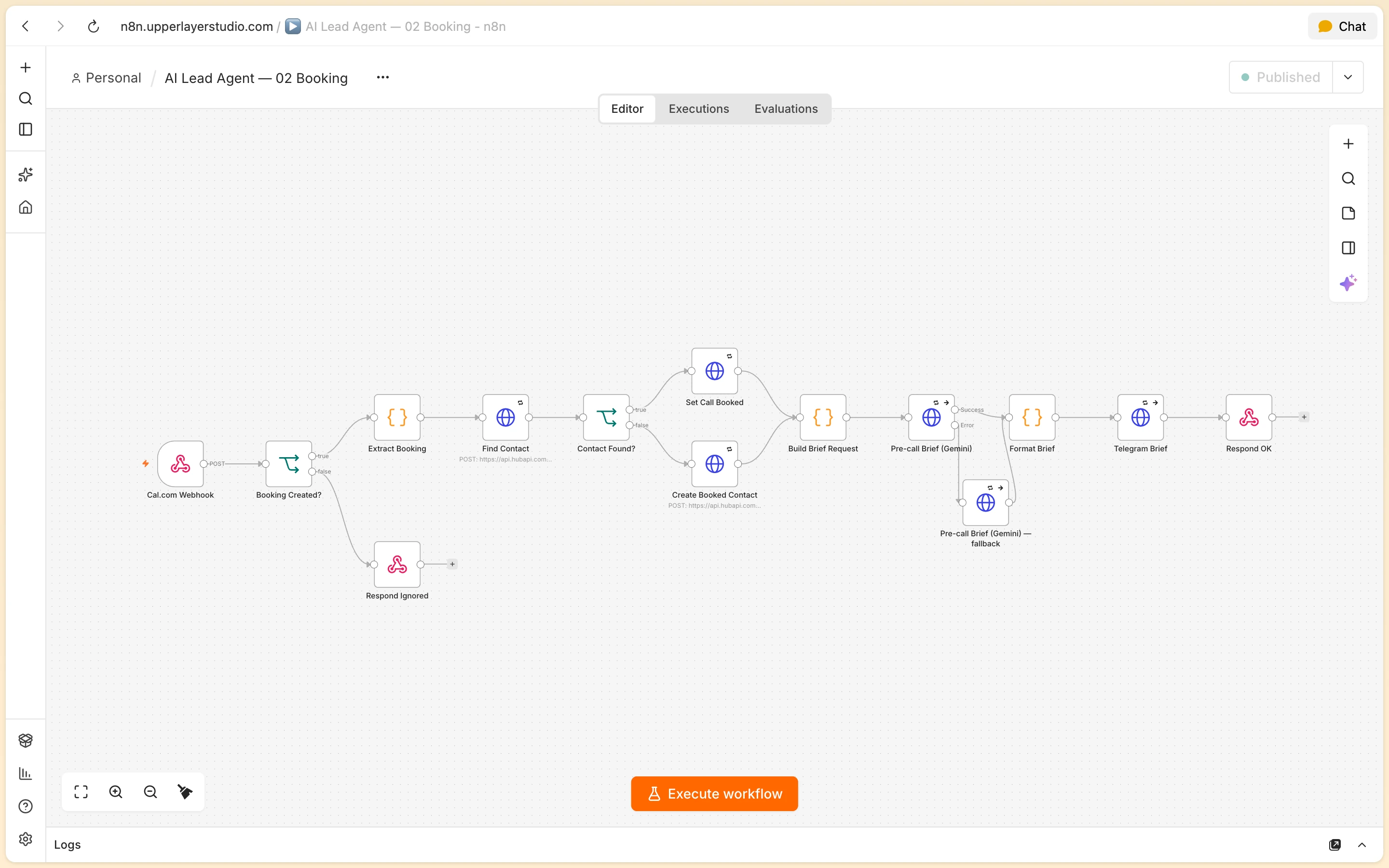 n8n Booking workflow: receives Cal.com webhook, updates CRM contact, and generates Gemini pre-call brief