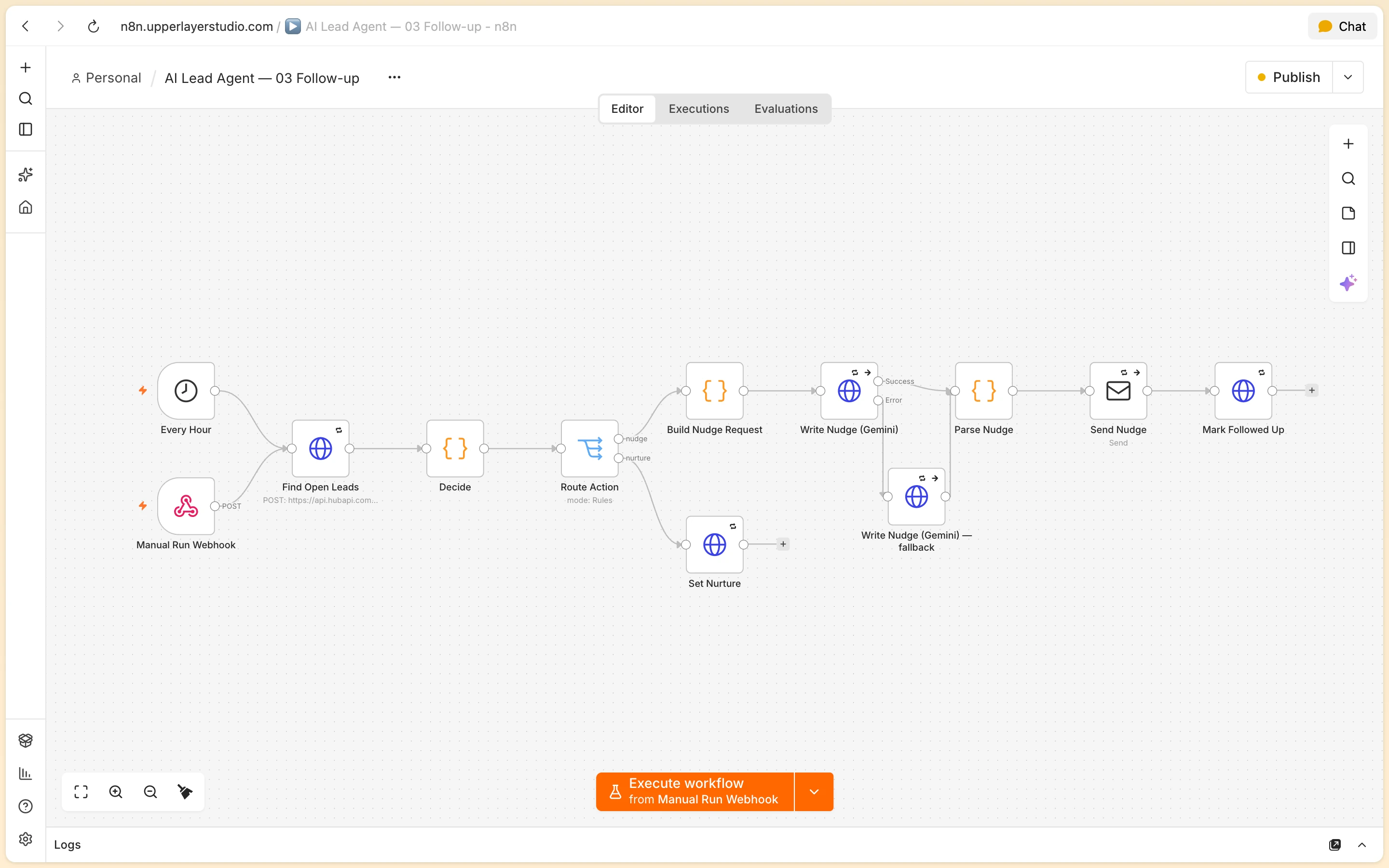 n8n Follow-up workflow scheduled hourly to evaluate pending leads and send personalized nurture emails