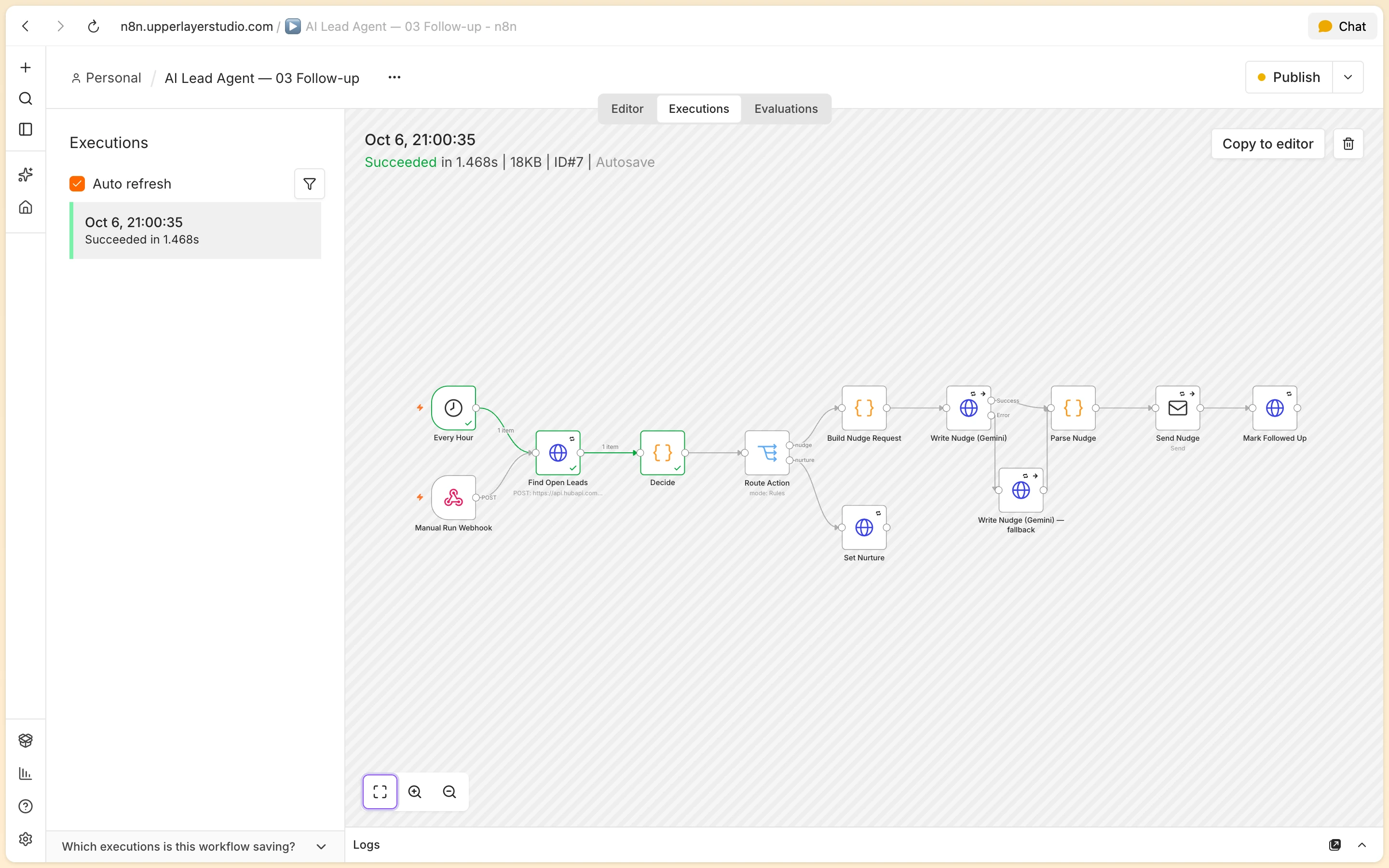 n8n execution log confirming successful automated follow-up execution completed in 1.468 seconds