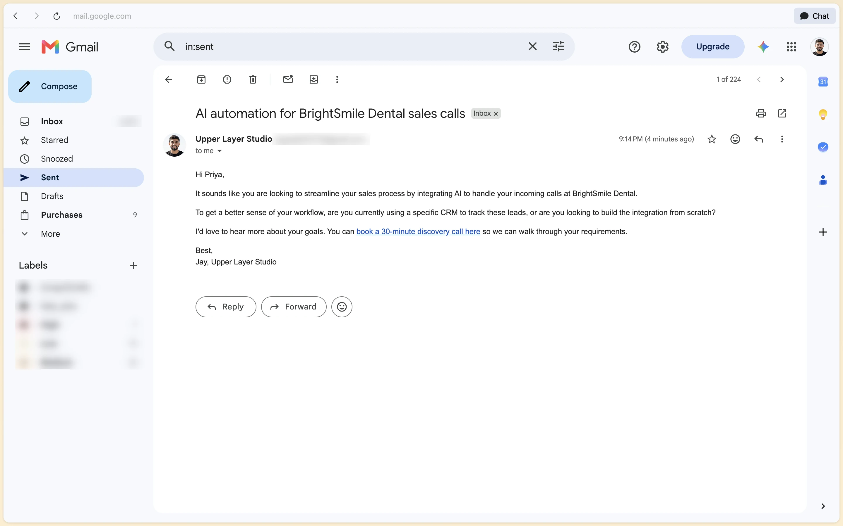 Personalized AI email reply in Gmail referencing client requirements and proposing discovery call link
