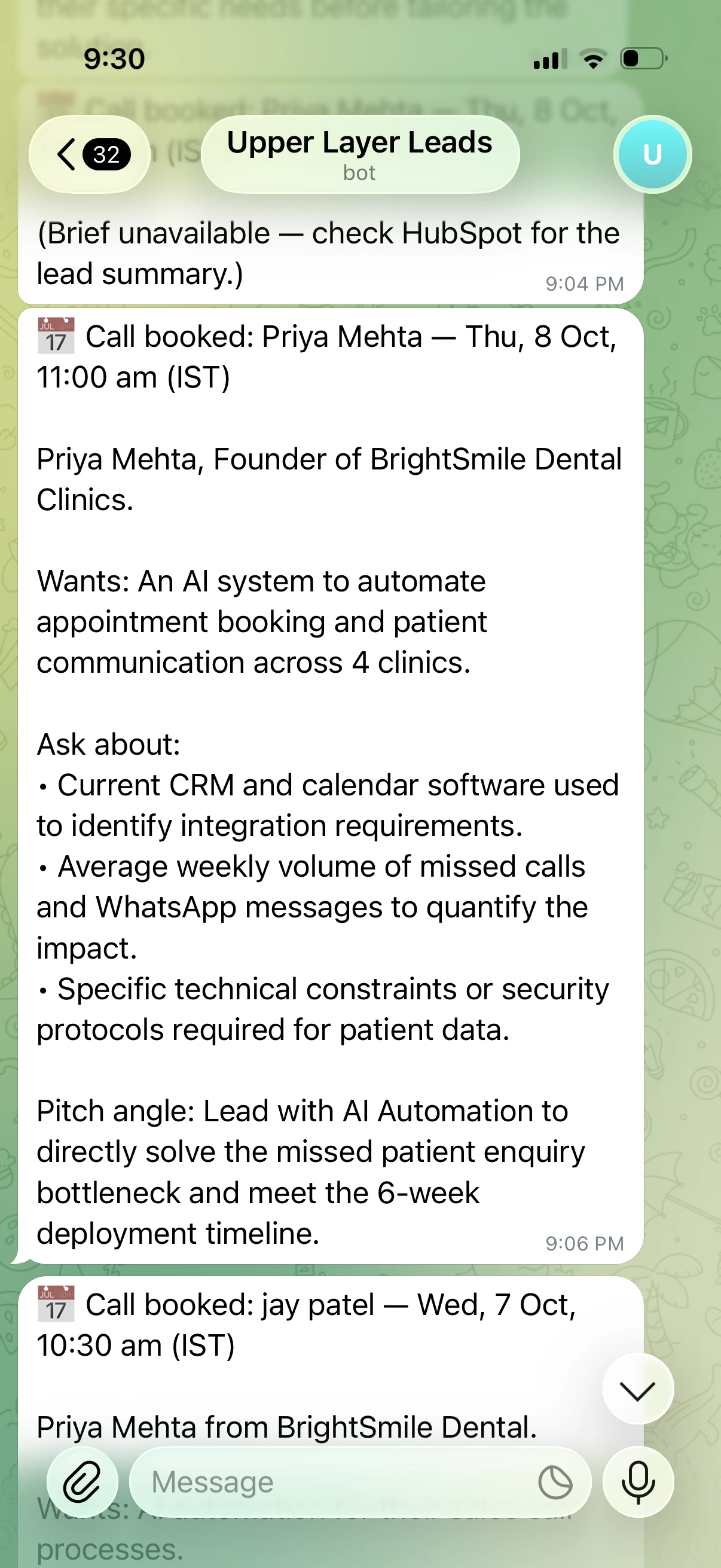 Telegram pre-call intelligence brief for BrightSmile Dental with qualification notes and pitch strategy
