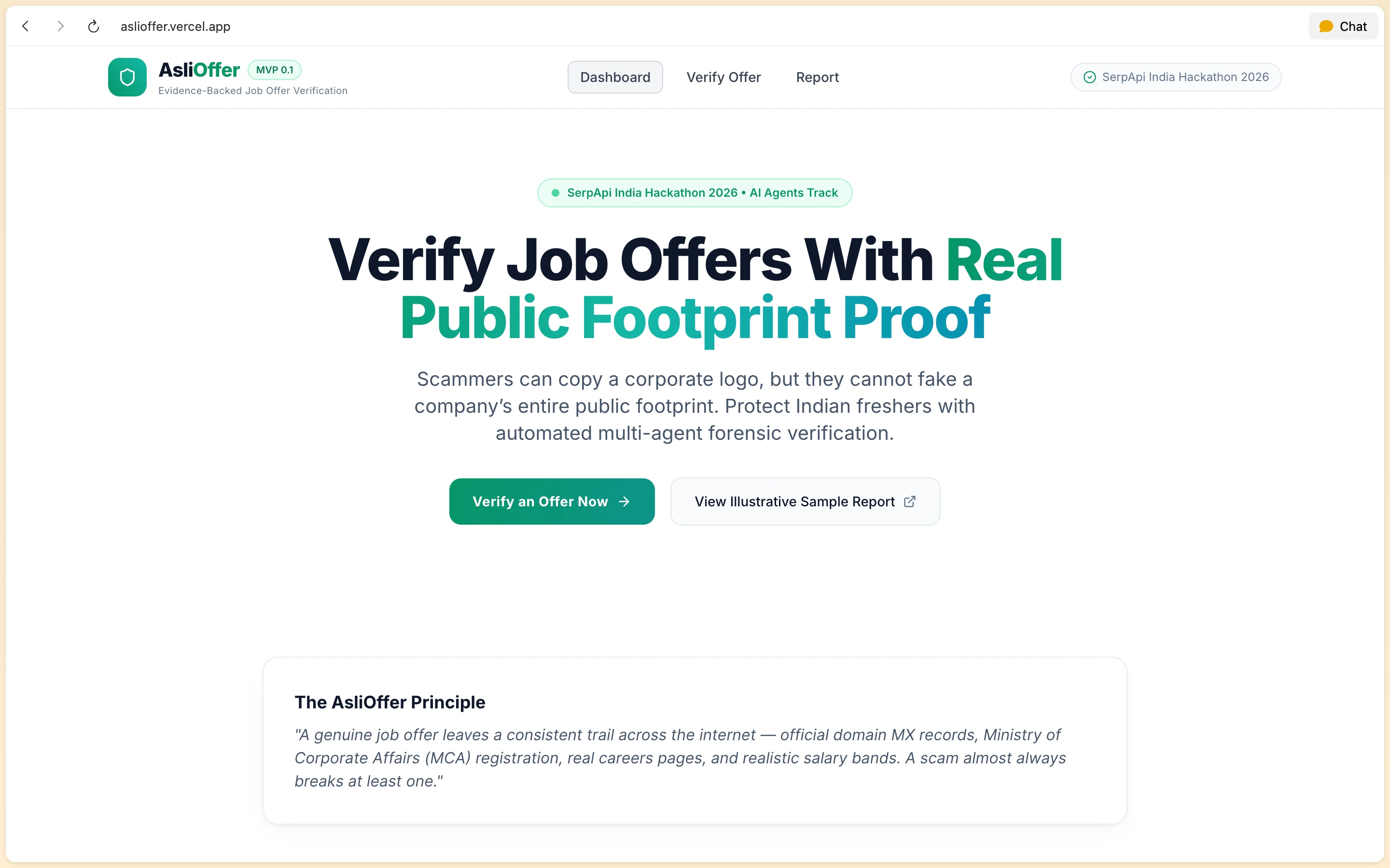 AsliOffer browser landing page with Verify Job Offers With Real Public Footprint Proof headline