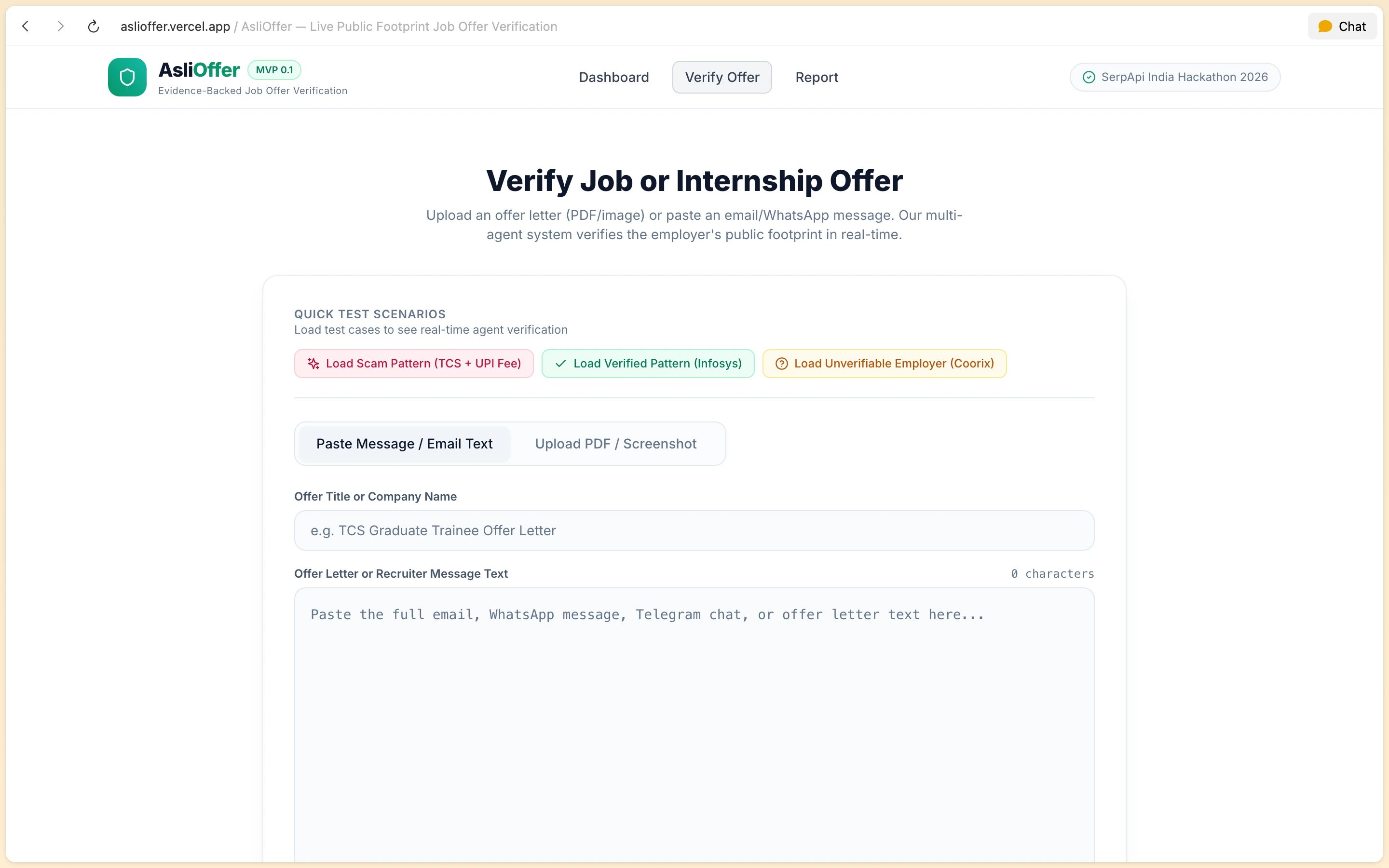 AsliOffer verification portal with text paste and PDF upload tabs for inspecting job letters