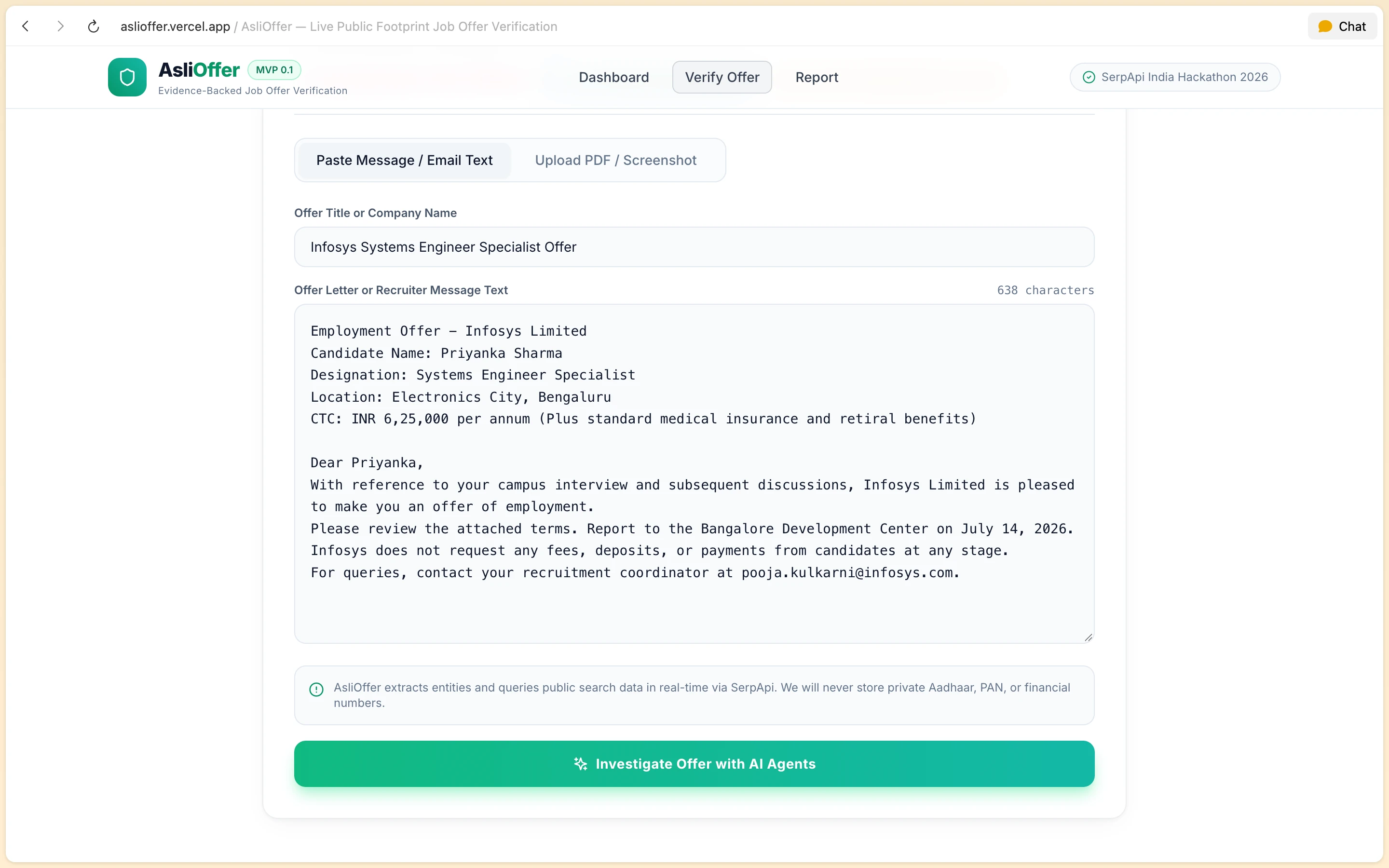 AsliOffer input console with pasted offer letter text ready for AI agent forensic audit