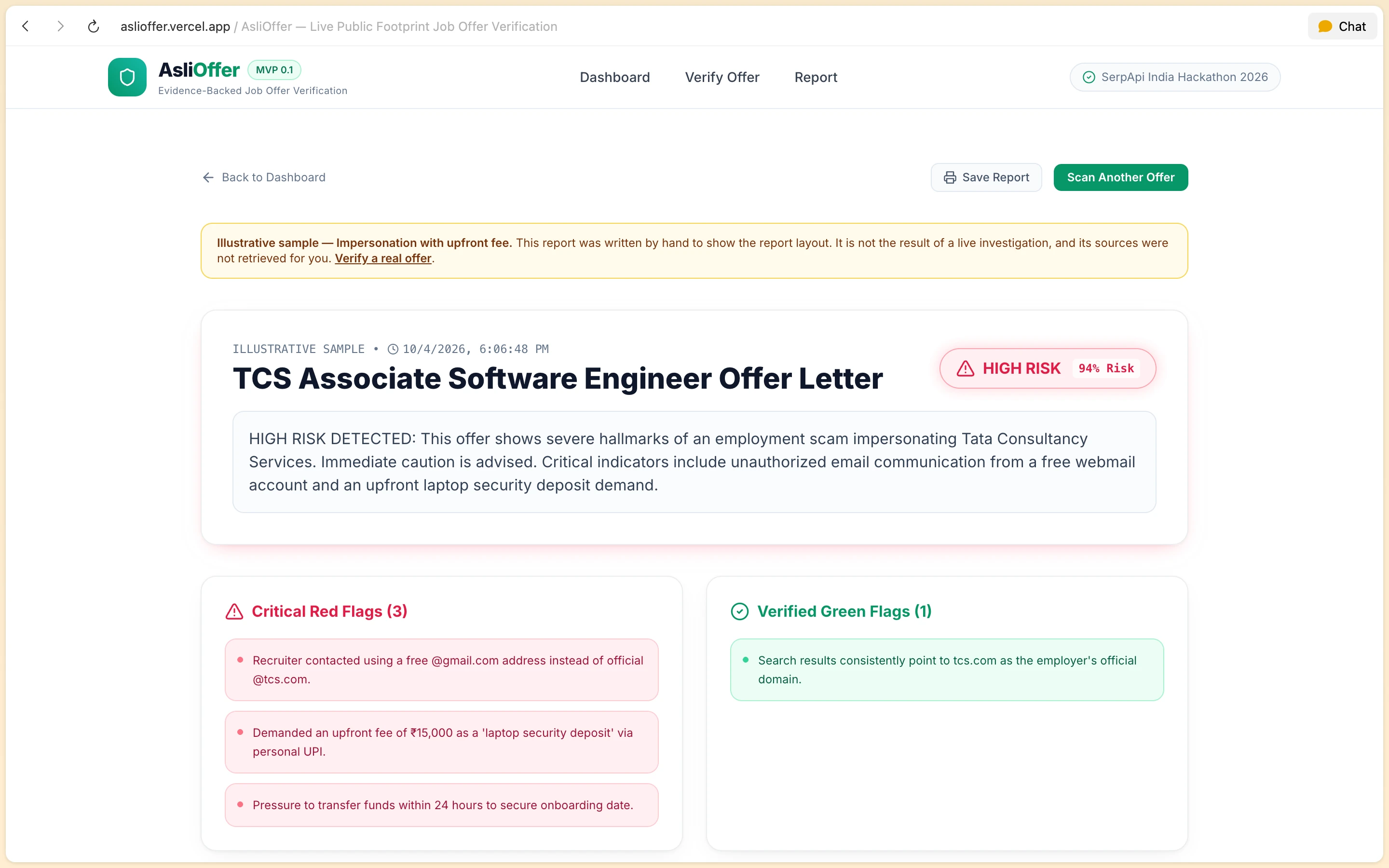 AsliOffer forensic sample report flagging fraudulent job offer as High Risk with 94% confidence