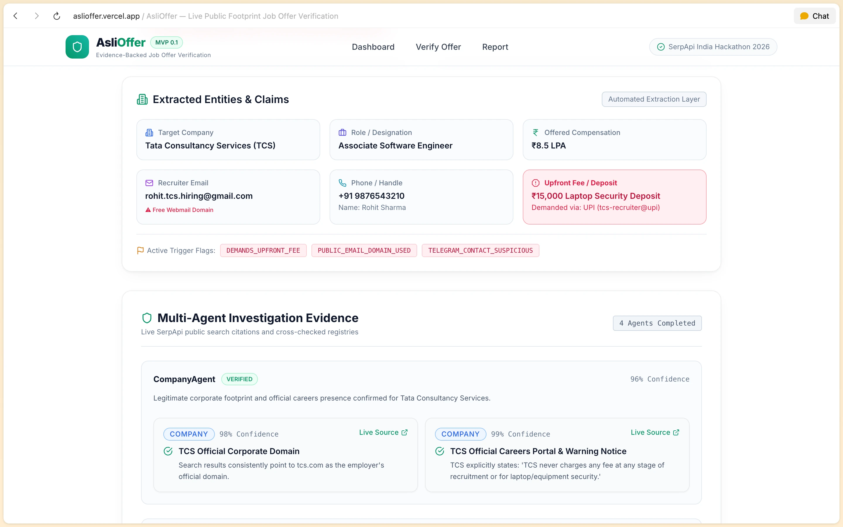 AsliOffer evidence summary exposing fake recruiter Gmail domain and ₹15,000 upfront deposit red flags