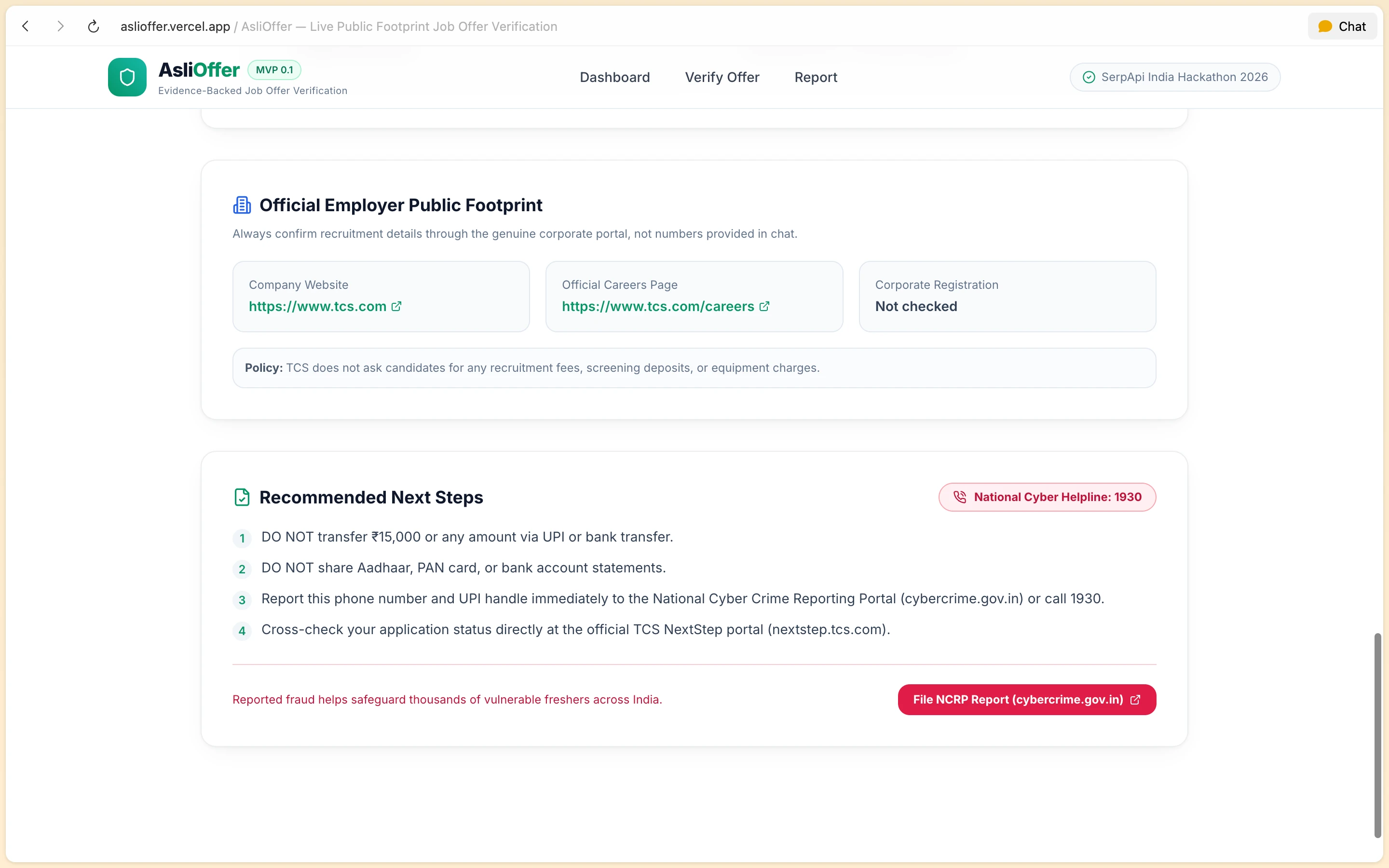 AsliOffer employer verification links and cybercrime reporting helpline next steps