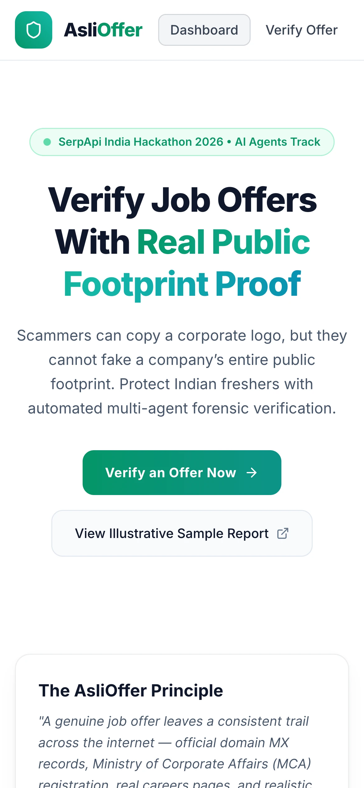 AsliOffer mobile landing hero with Verify an Offer Now button and fraud prevention mission