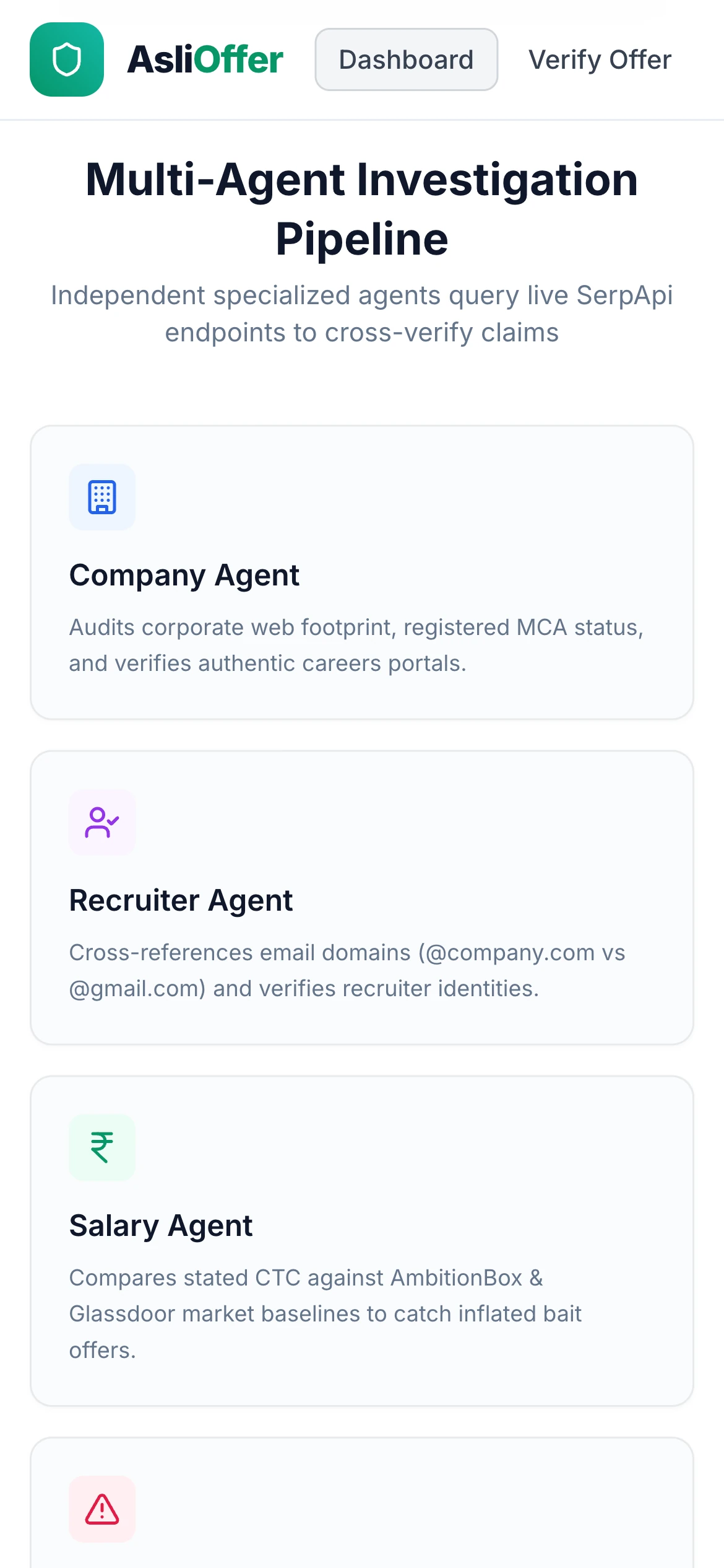 AsliOffer mobile investigation pipeline displaying Company, Recruiter, and Salary agent cards