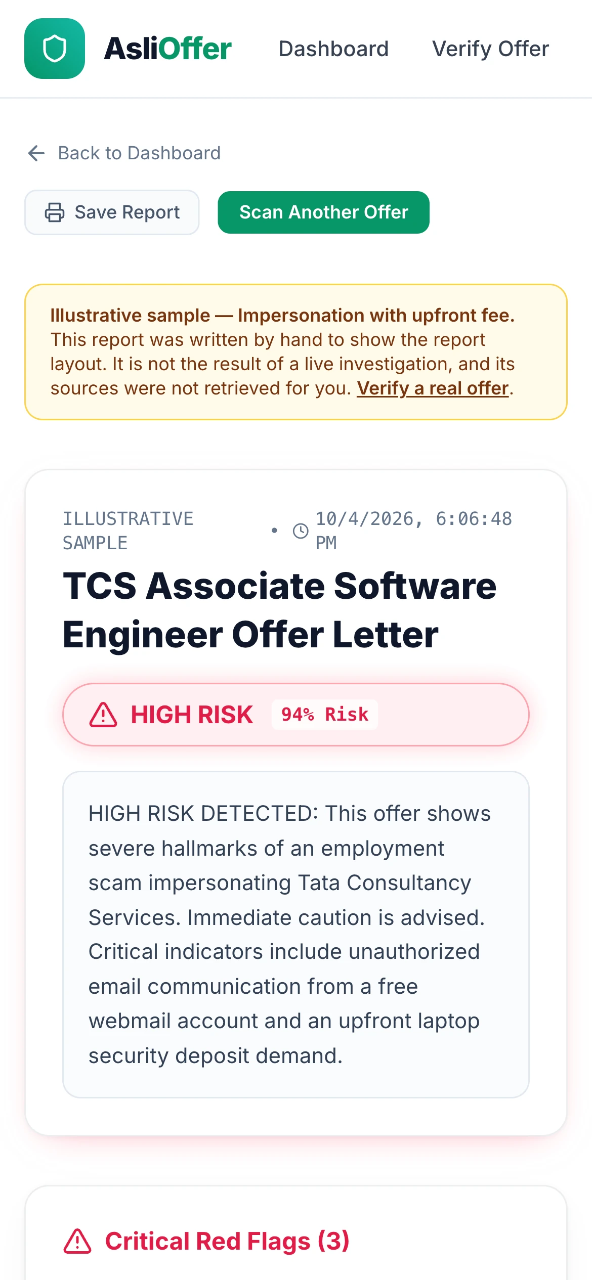 AsliOffer mobile sample report identifying critical red flags in a fake job offer letter