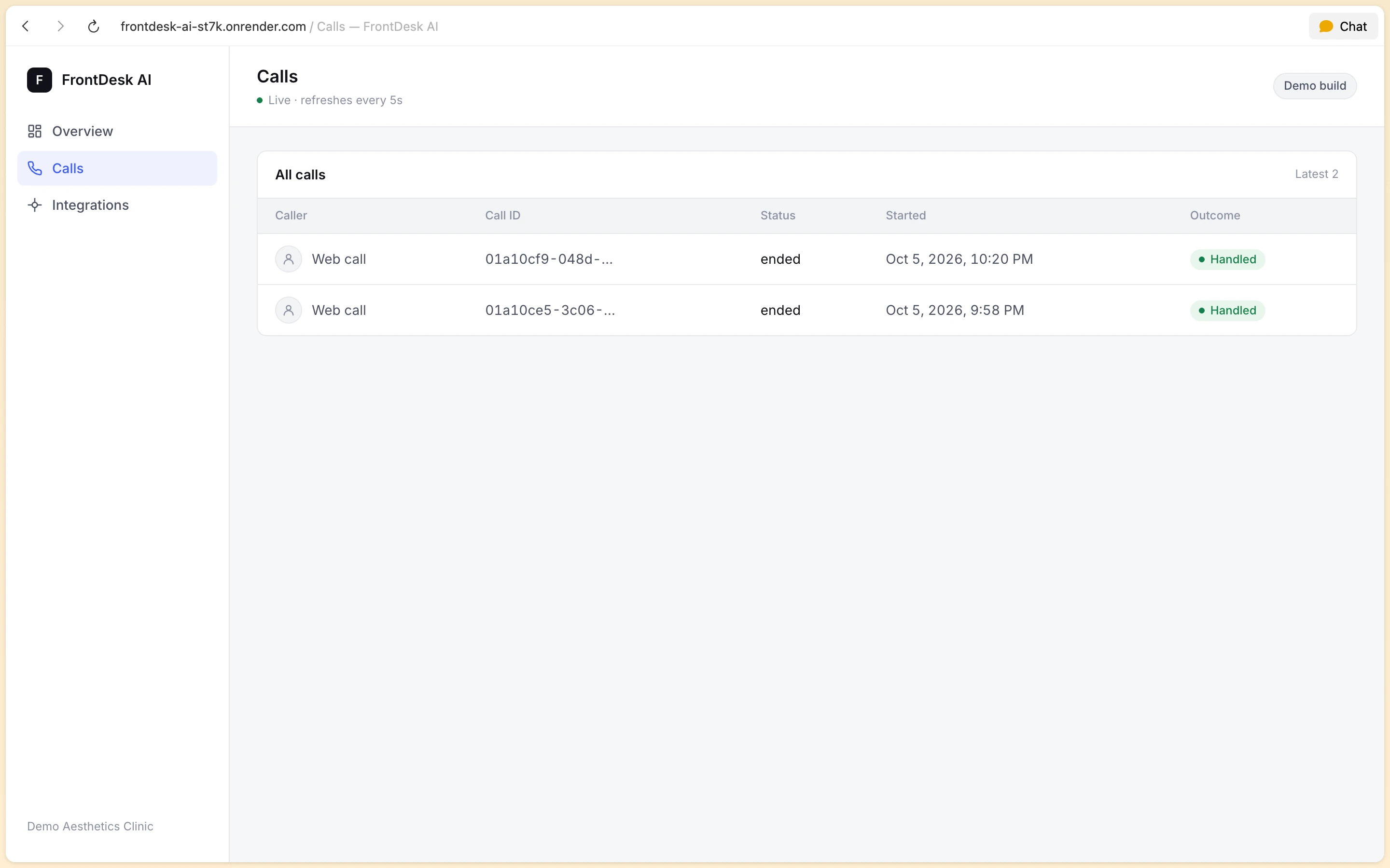 FrontDesk AI Calls log table listing patient call IDs, durations, and successful completion statuses