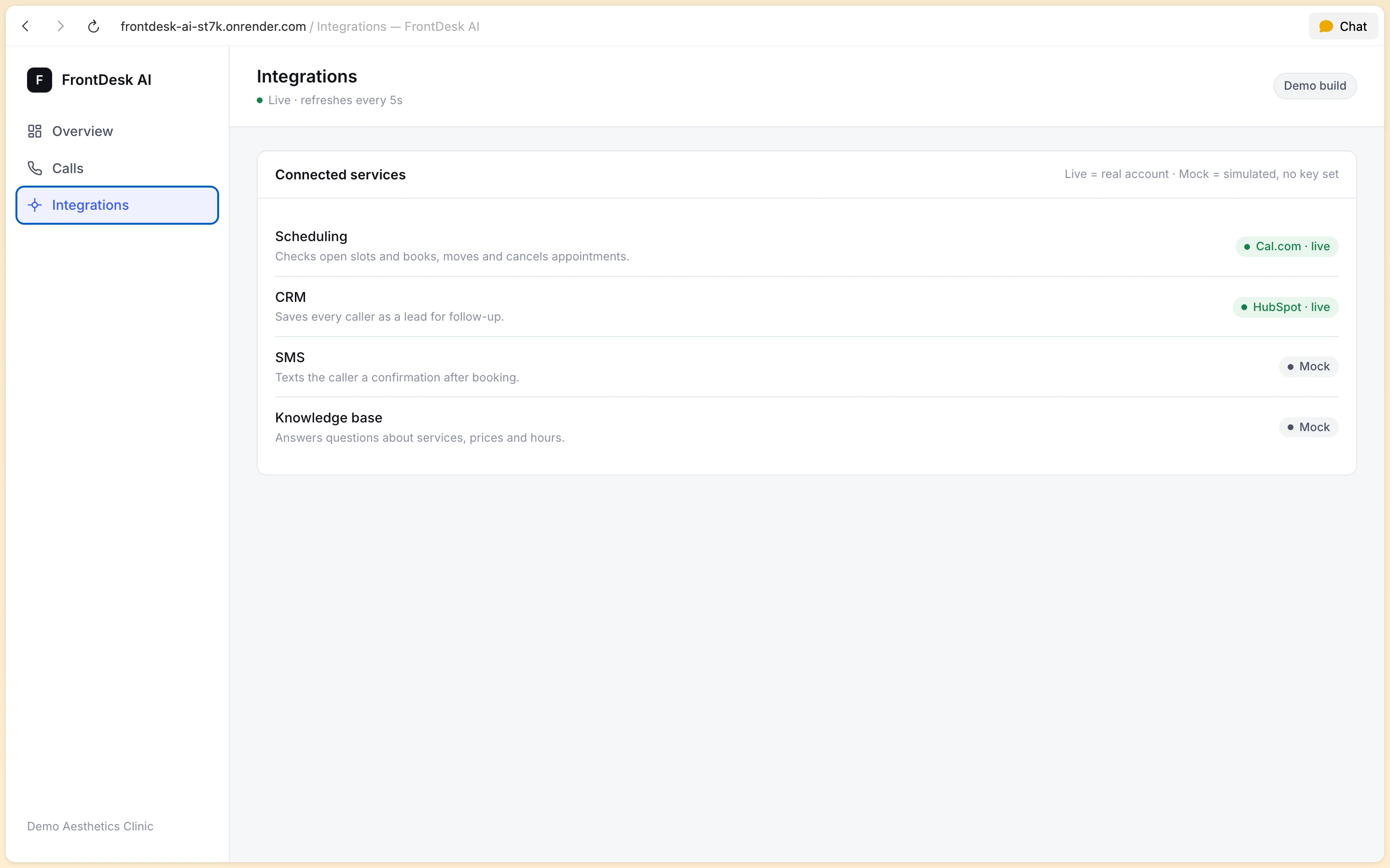 FrontDesk AI Integrations dashboard showing active connections for Cal.com, HubSpot, and SMS