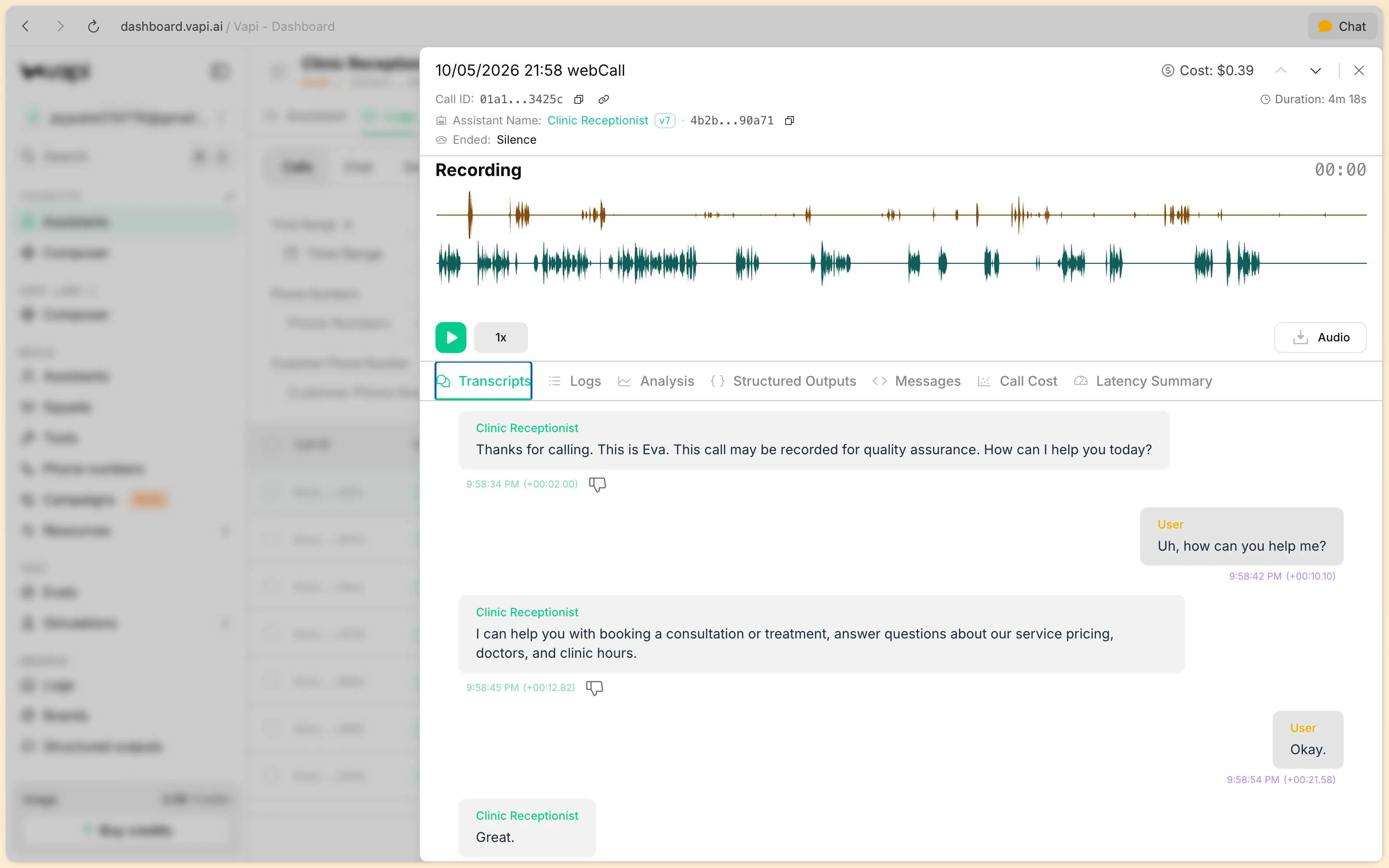 Vapi call inspection console showing voice waveform recording and turn-by-turn dialogue transcript