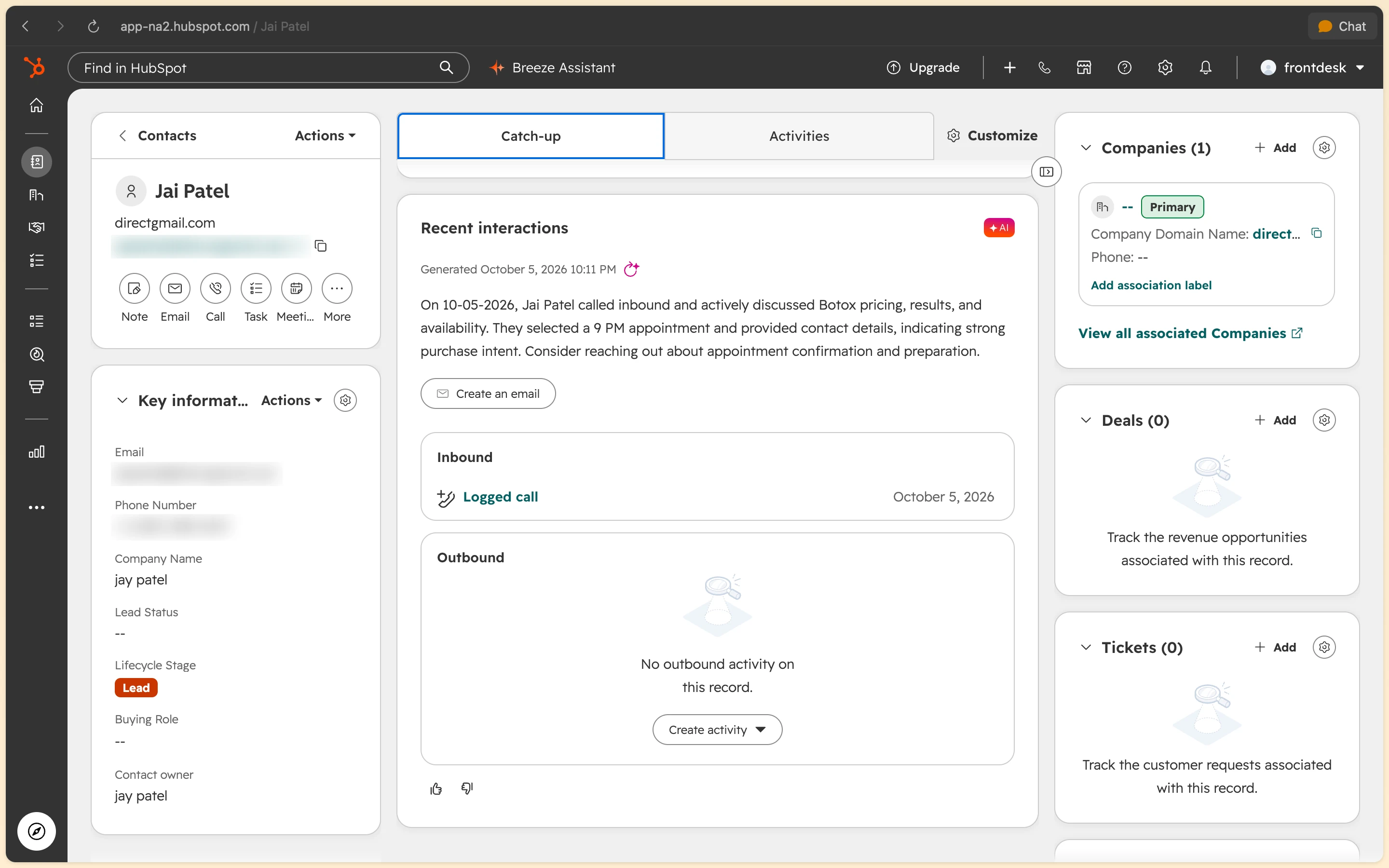 HubSpot timeline view documenting inbound AI phone call and receptionist interaction records