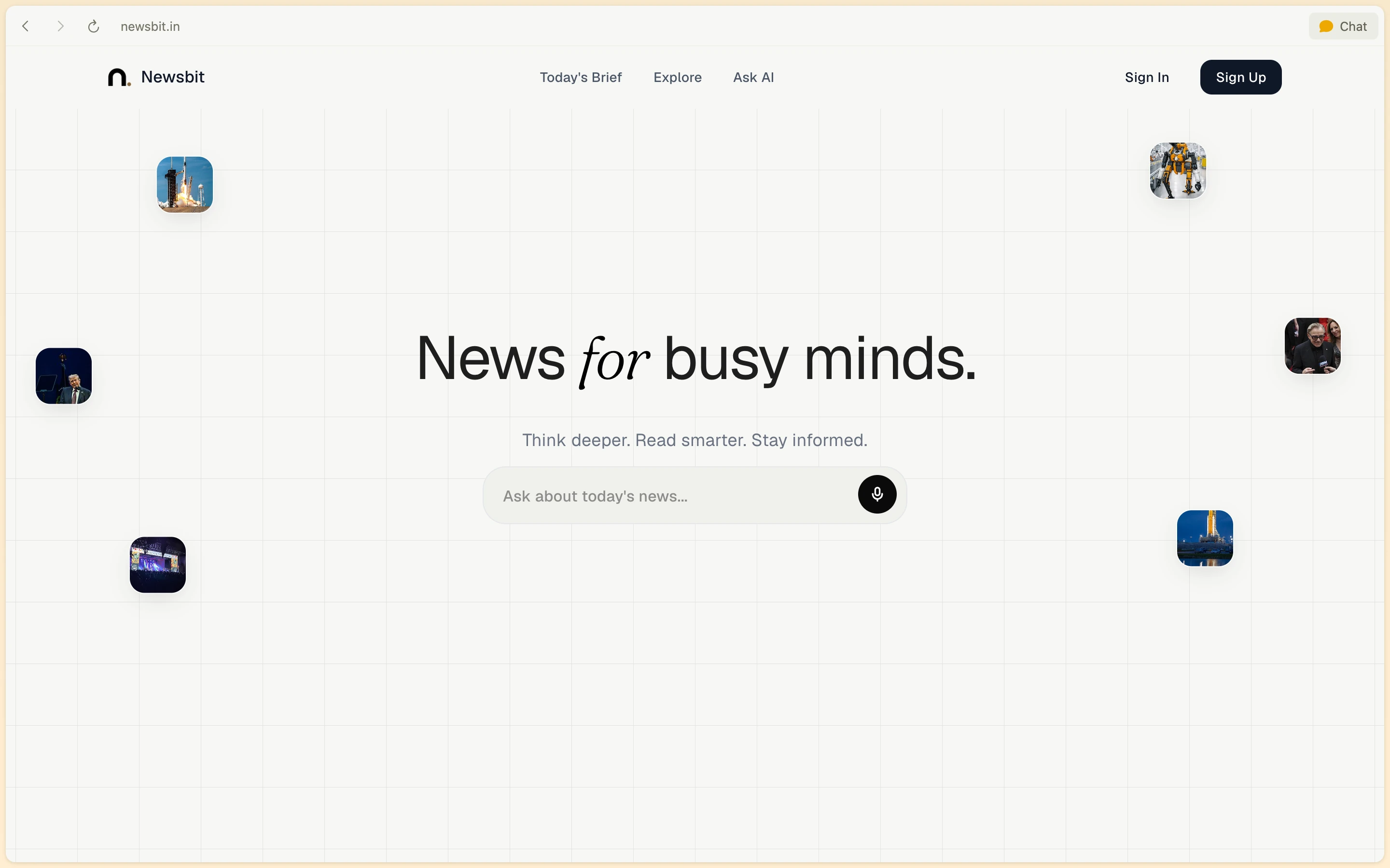 Newsbit browser home screen with News for busy minds headline and AI news question ask box