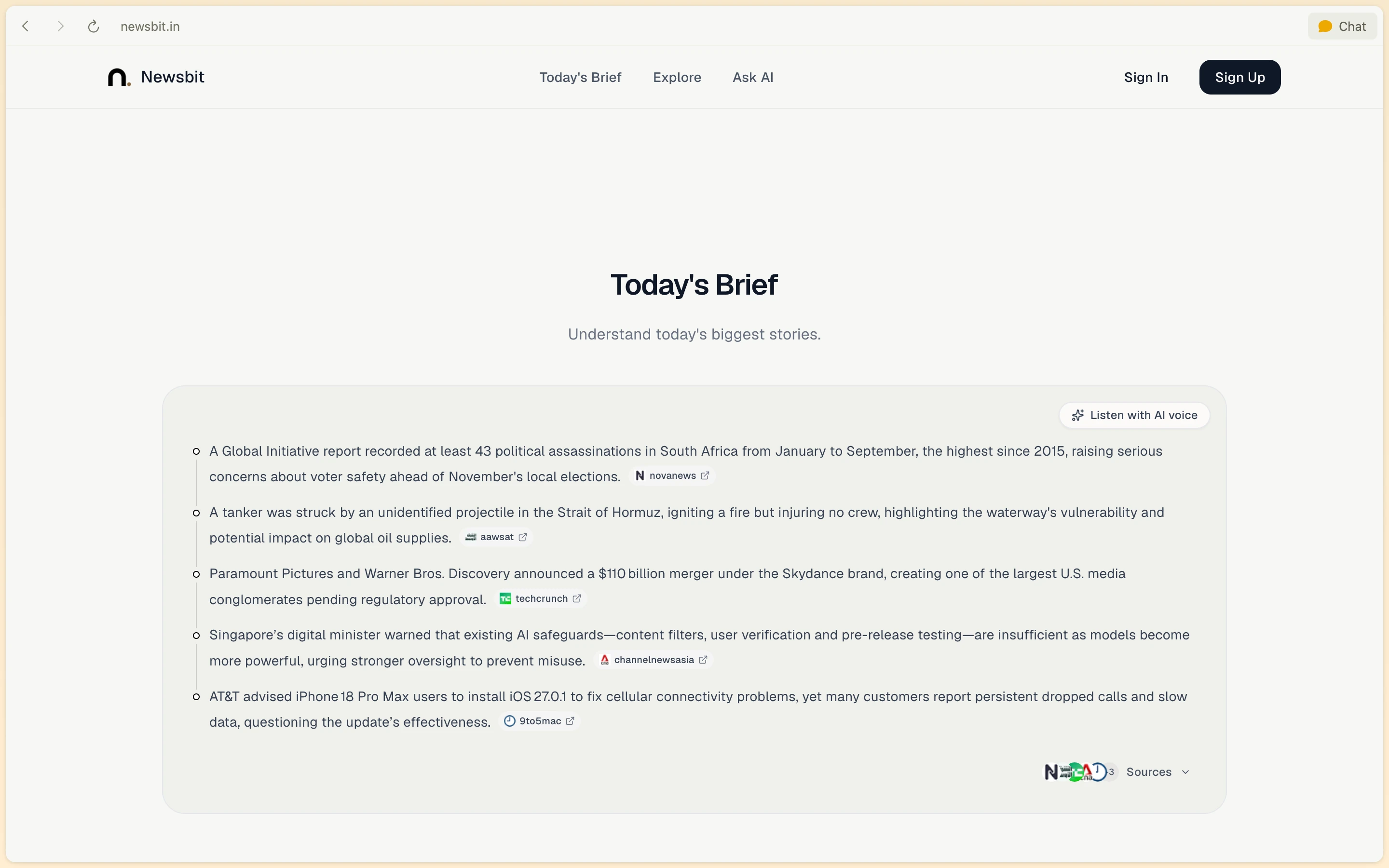 Newsbit Today's Brief with AI news summaries, source publisher tags, and Listen with AI voice button