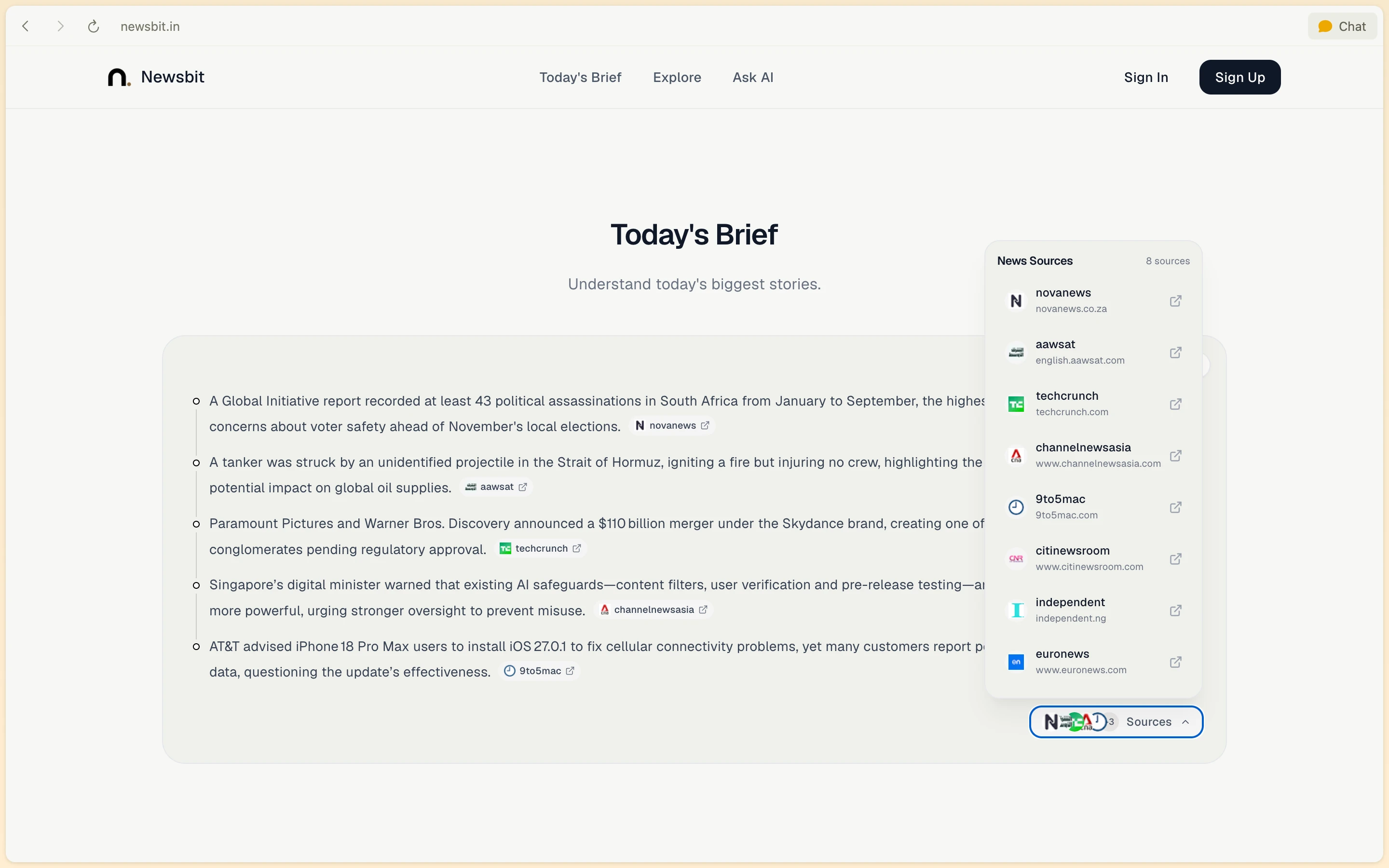 Newsbit news sources modal displaying linked publisher outlets backing the daily AI brief