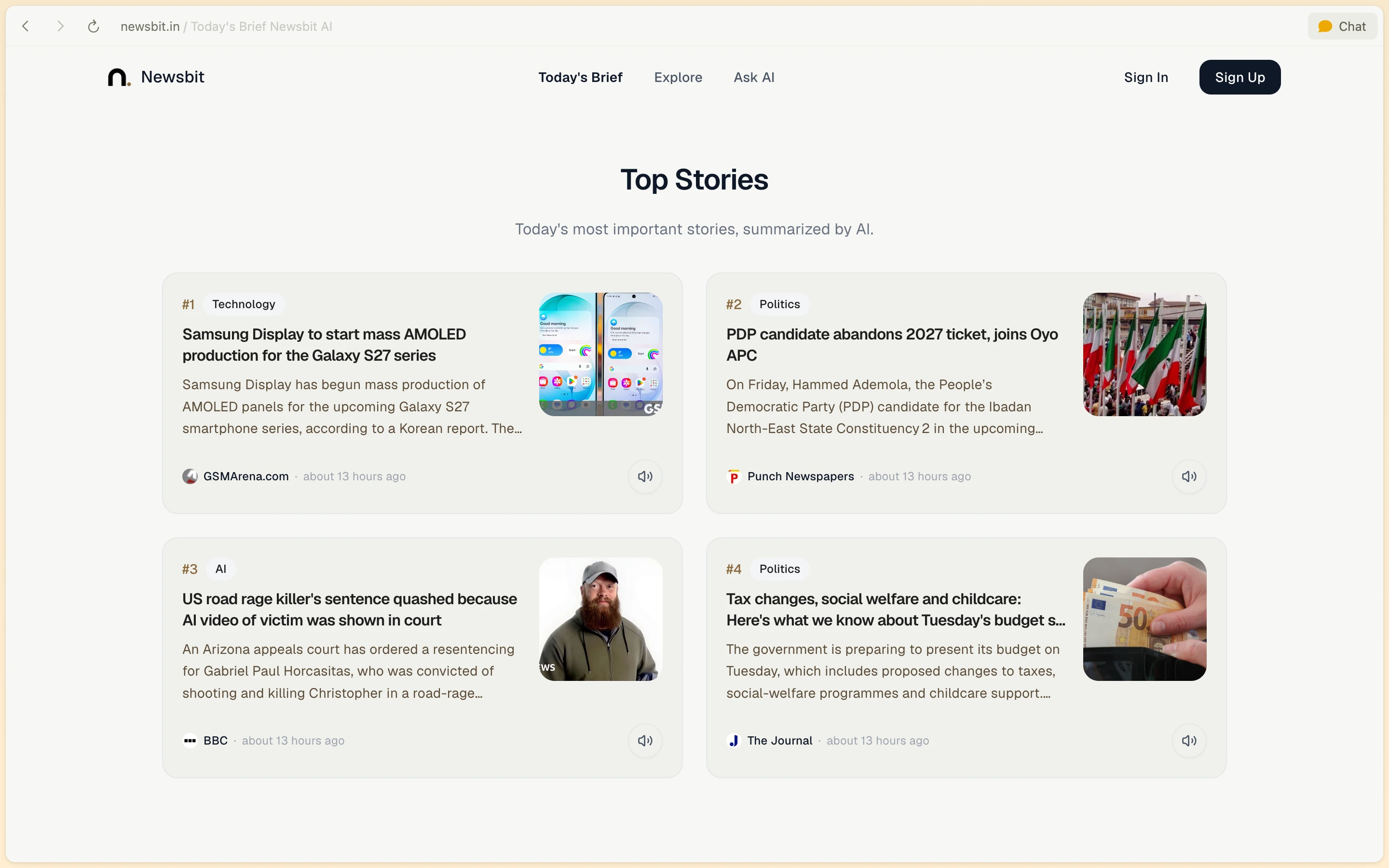 Newsbit Top Stories section with ranked cards showing headlines, AI summaries, and timestamps