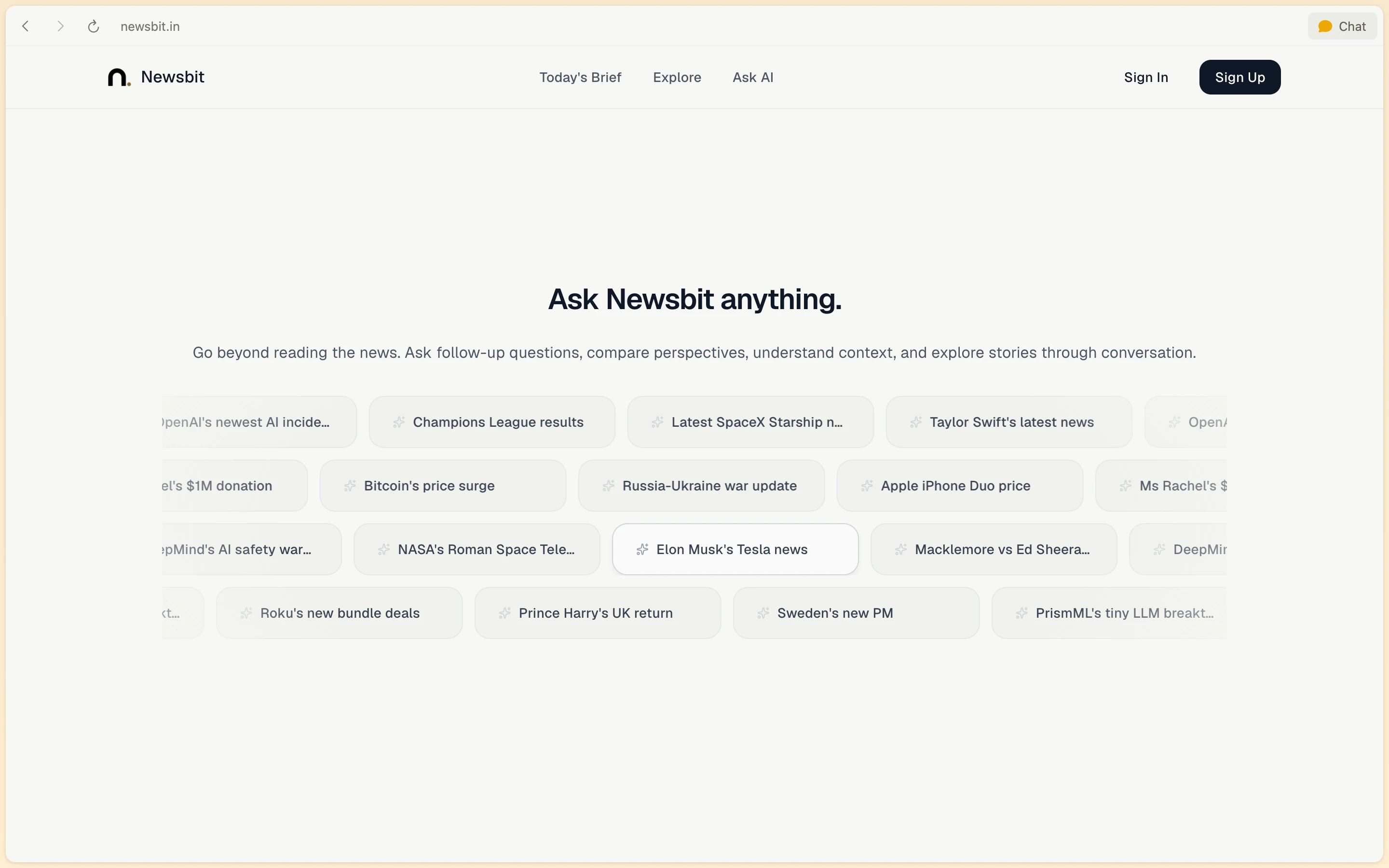 Newsbit Ask Newsbit anything section with interactive suggested prompt pills for readers