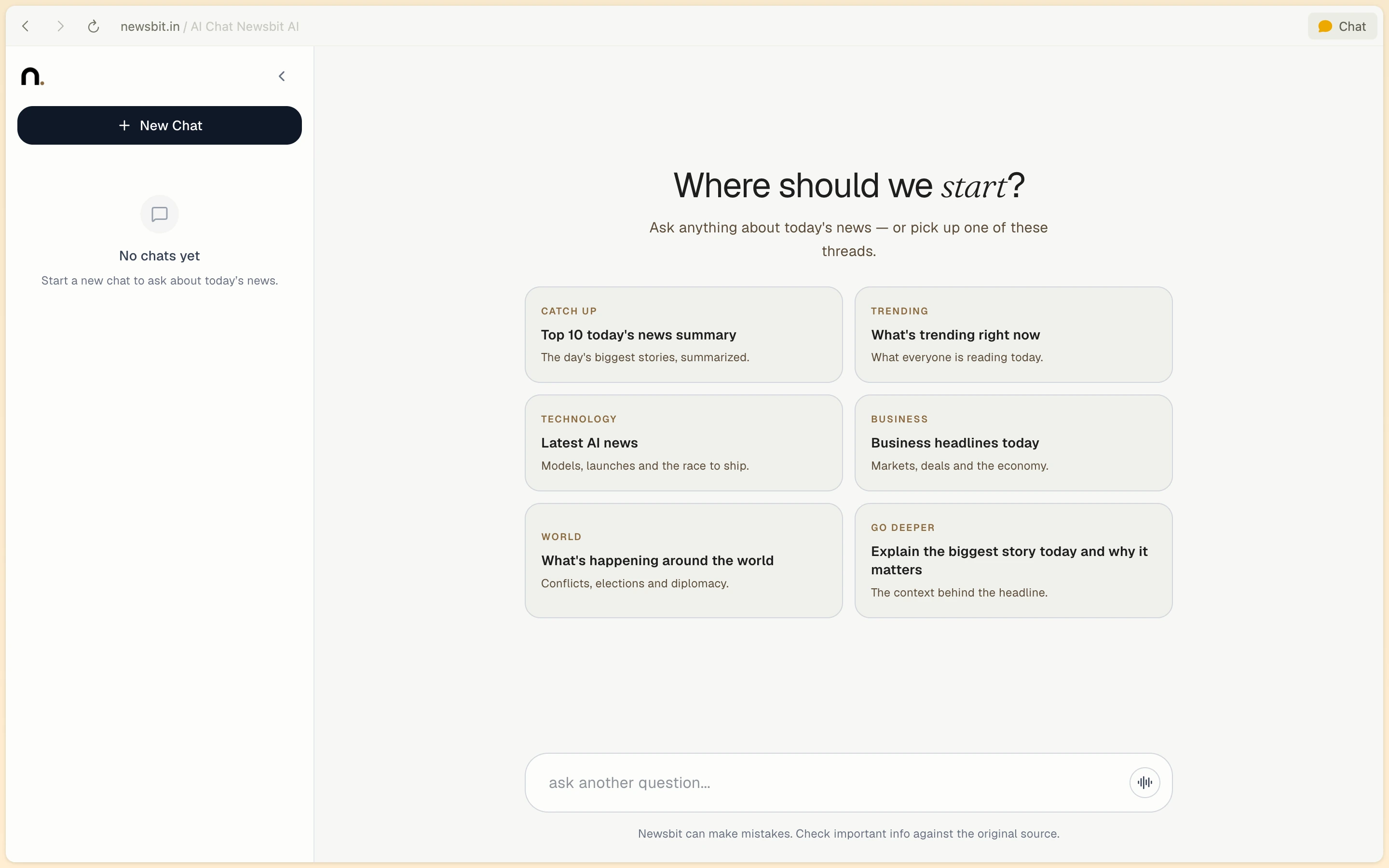 Newsbit AI chat onboarding screen displaying starter conversation prompts and news topics