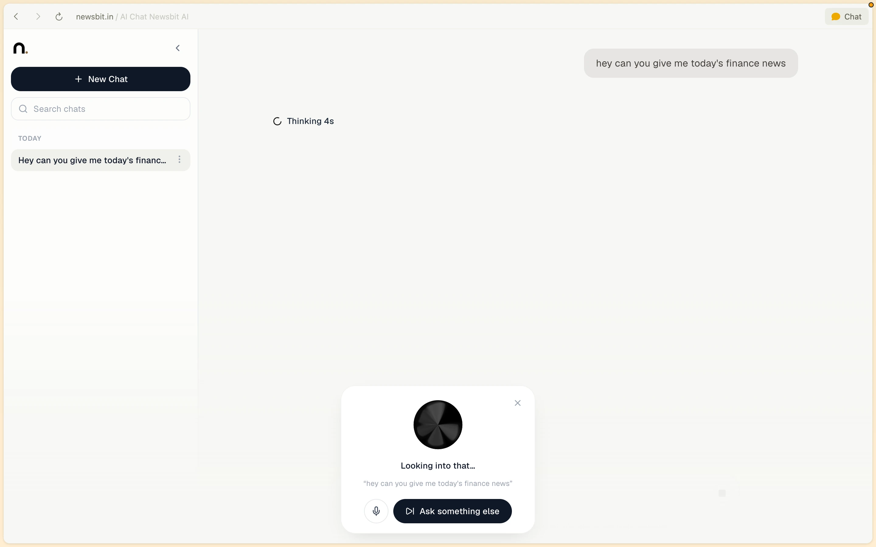 Newsbit AI voice assistant processing query for today's finance news