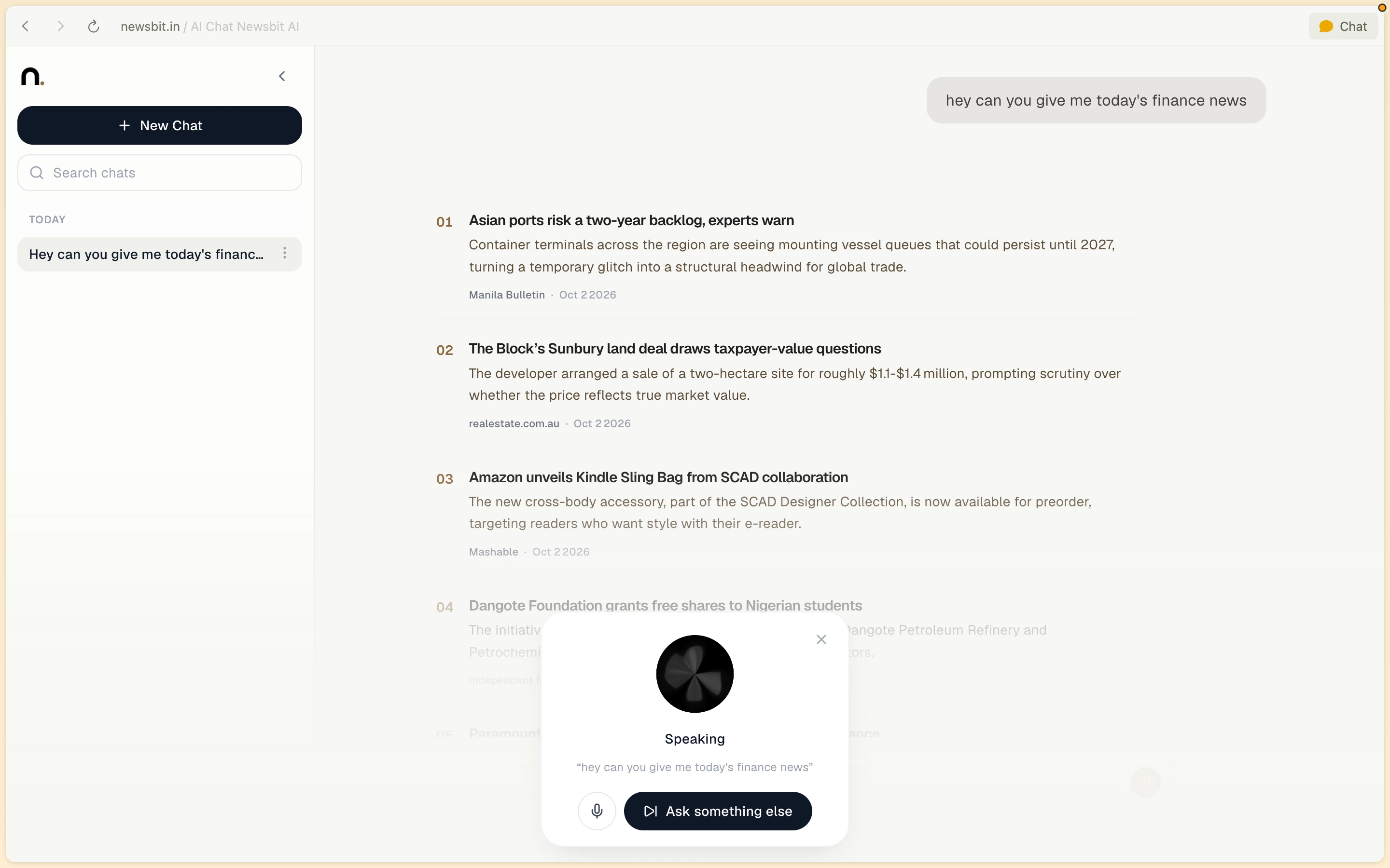 Newsbit voice mode reciting finance news summaries with synchronized text response in chat