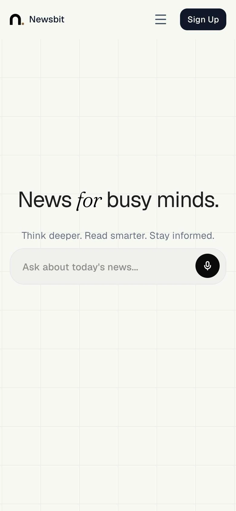 Newsbit mobile interface featuring headline News for busy minds and quick AI search input