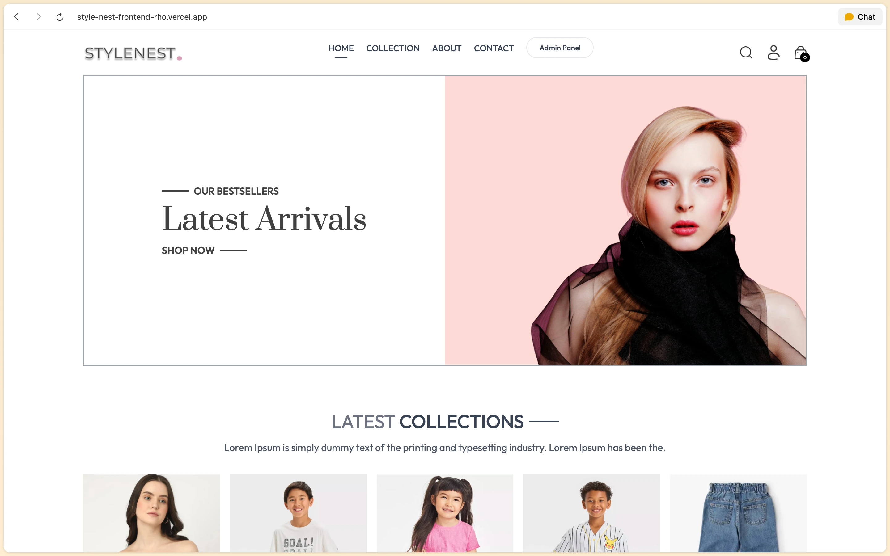 StyleNest e-commerce browser home page featuring Latest Arrivals hero banner and clothing collections